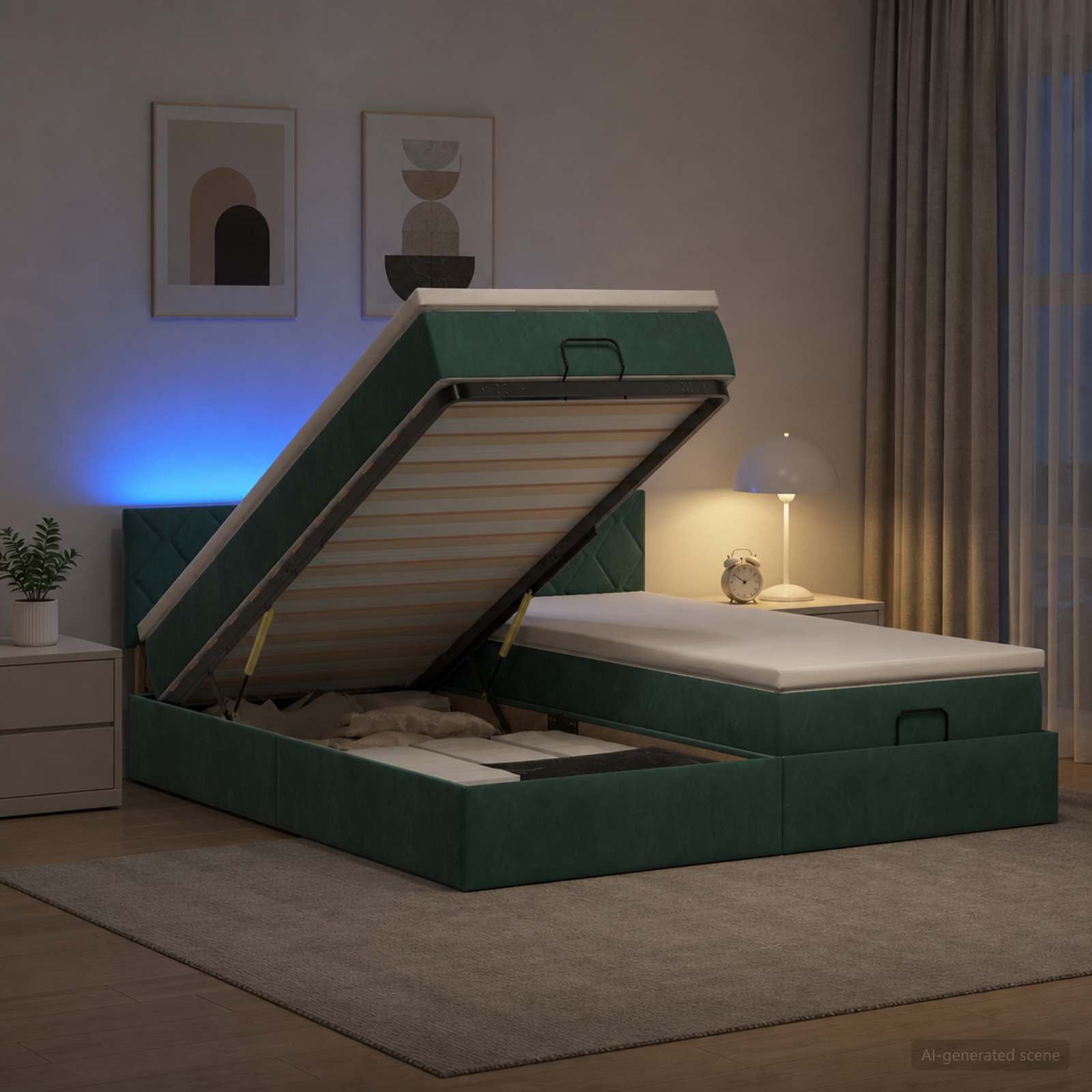 Κρεβάτι Ottoman με Στρώμα και LED Σκούρο Πράσινο 160 x 200 cm