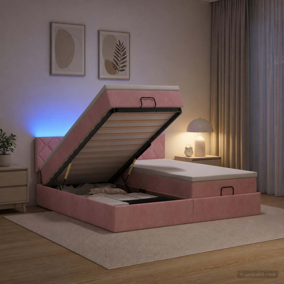Κρεβάτι Ottoman με Στρώμα και LED Ροζ 200 x 200 cm Βελούδο - Pakobazaar