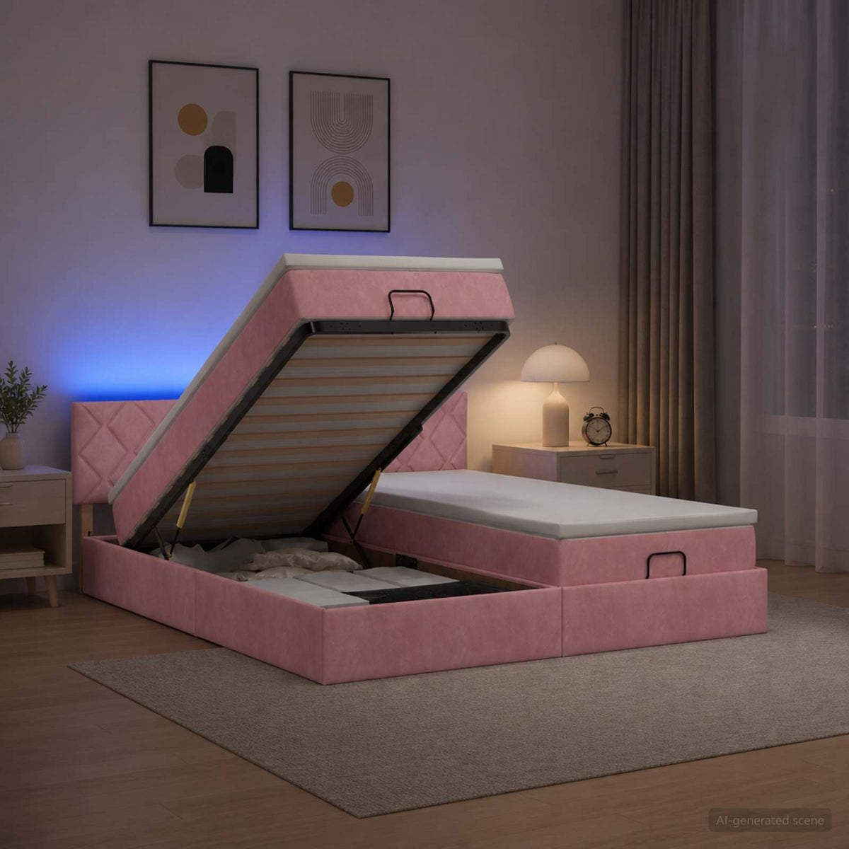 Κρεβάτι Ottoman με Στρώμα και LED Ροζ 200 x 200 cm Βελούδο - Pakobazaar