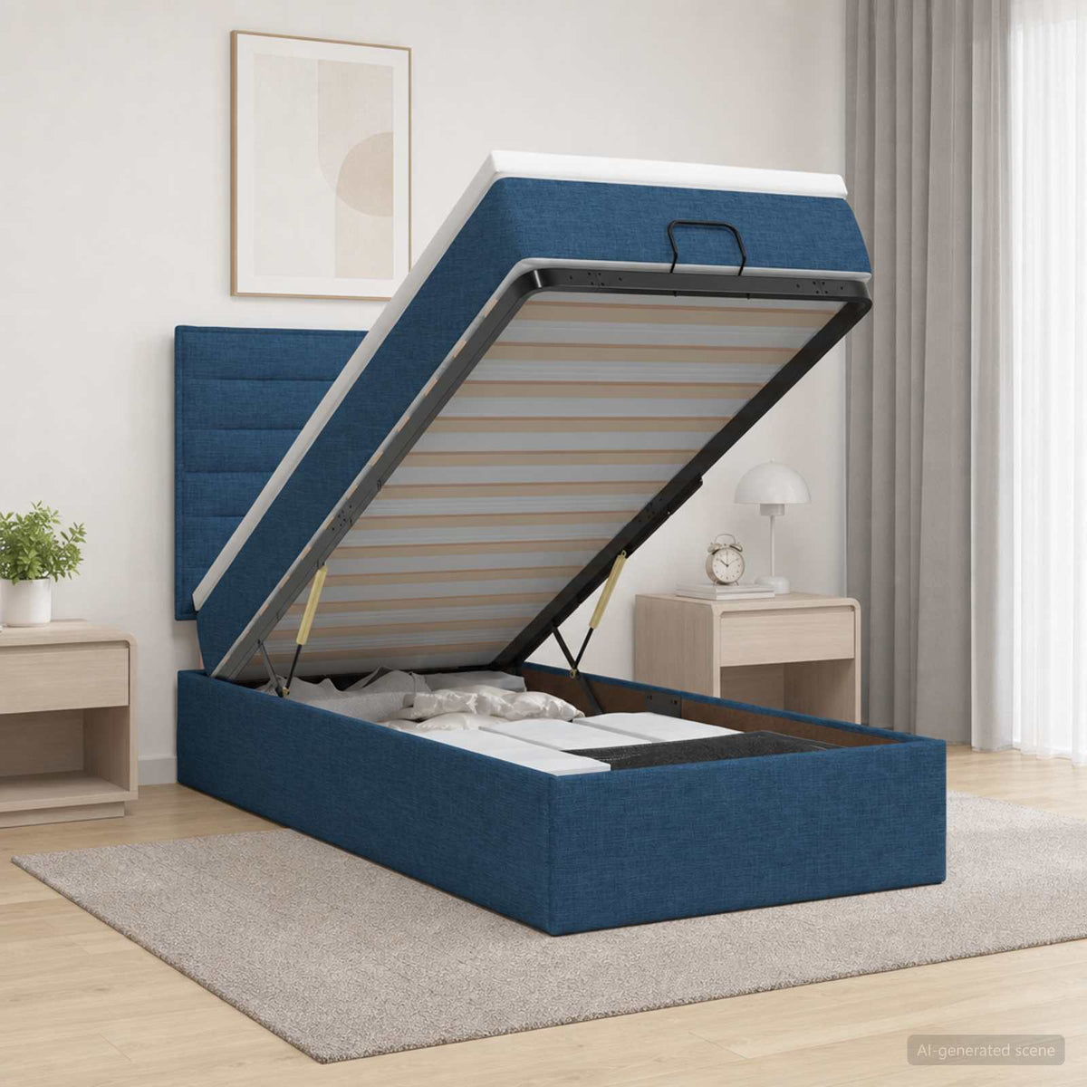 Κρεβάτι Ottoman με Στρώμα και LED Μπλε 100 x 200 cm Ύφασμα