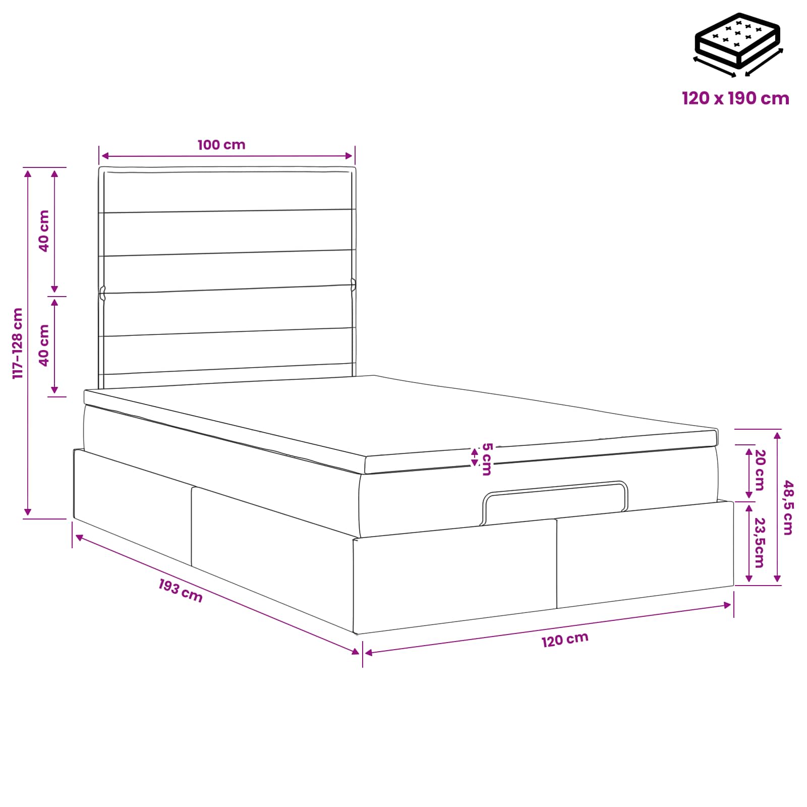 Κρεβάτι Ottoman με στρώμα Σκούρο Καφέ 120 x 190 cm Ύφασμα - Pakobazaar