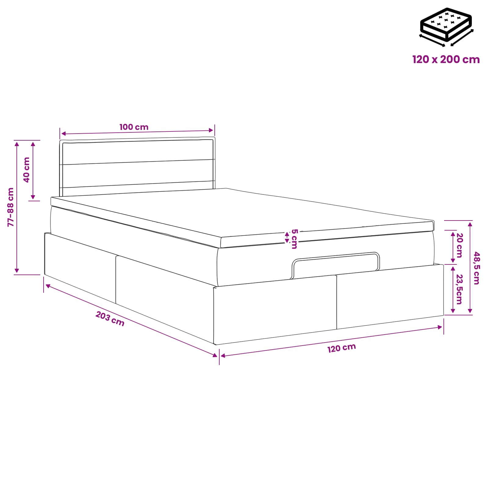 Κρεβάτι Ottoman με στρώμα Σκούρο Γκρι 120 x 200 cm Ύφασμα
