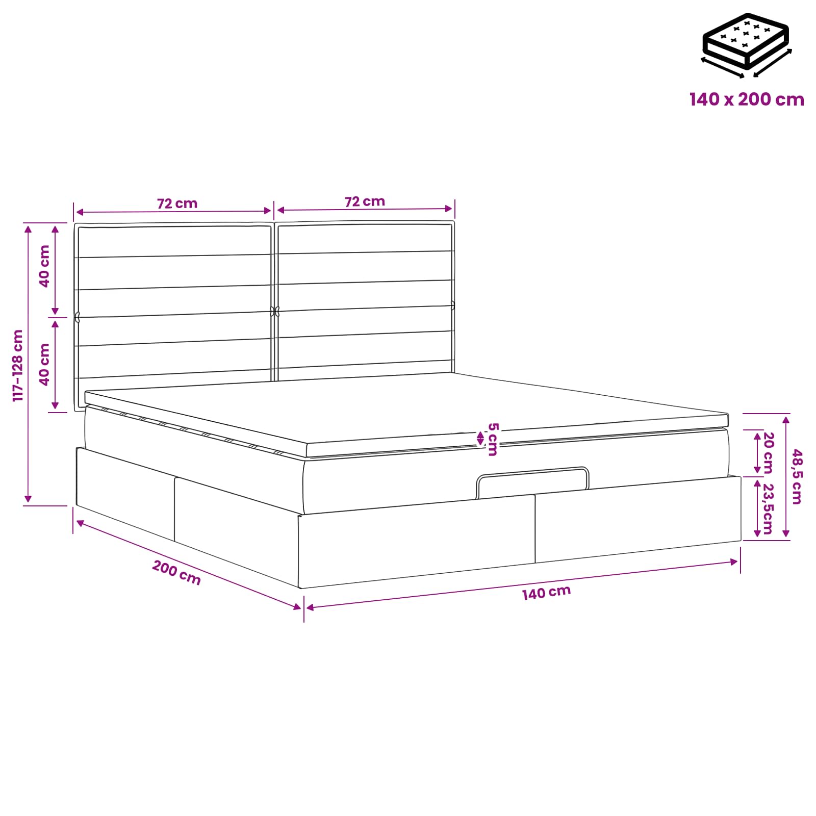 Κρεβάτι Ottoman με στρώμα με κεφαλάρι Μαύρο 140 x 200 cm Ύφασμα - Pakobazaar