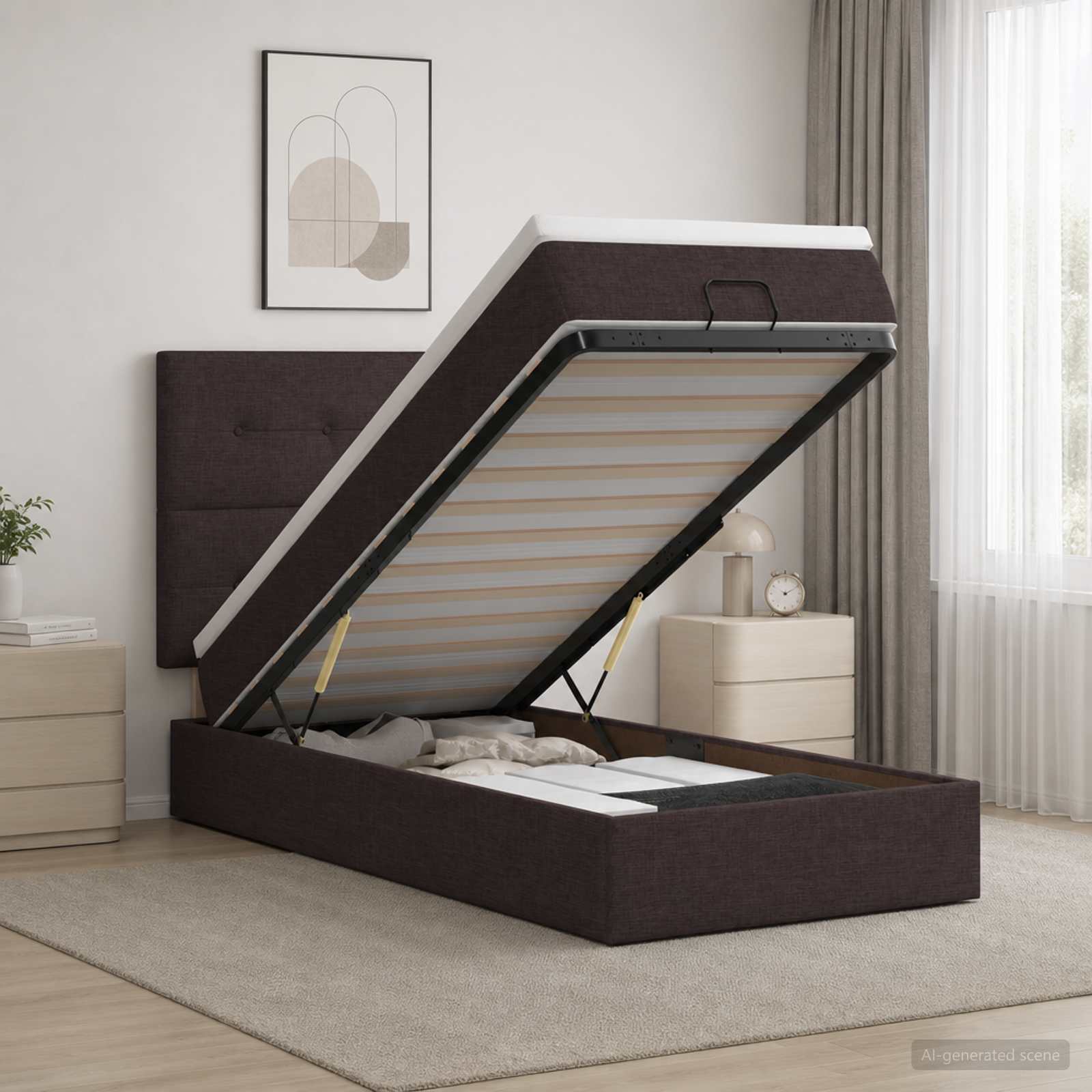 Κρεβάτι Ottoman με Στρώμα και LED Σκούρο Καφέ 100 x 200 cm - Pakobazaar