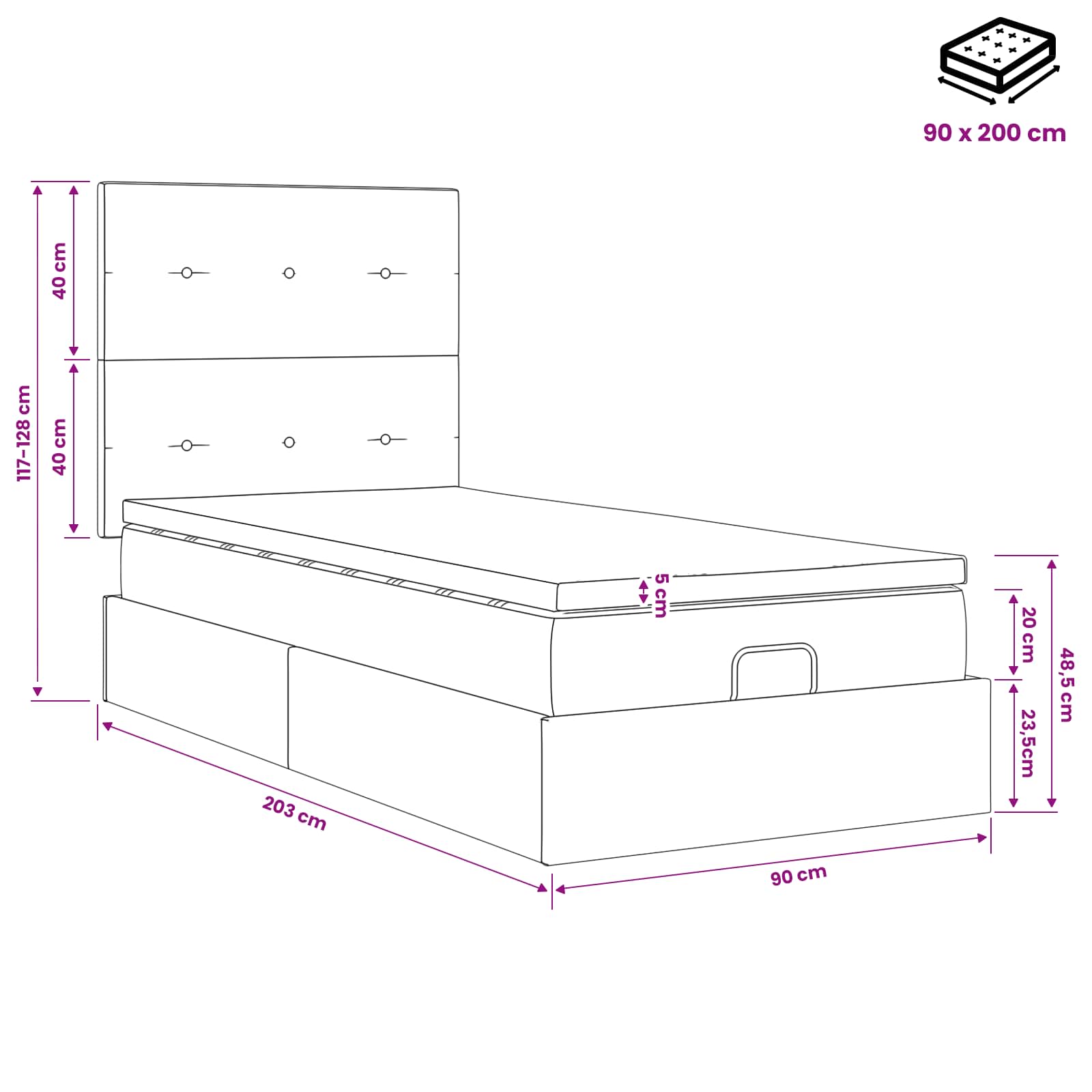 Κρεβάτι Ottoman με στρώμα Σκούρο Γκρι 90 x 200 cm Ύφασμα