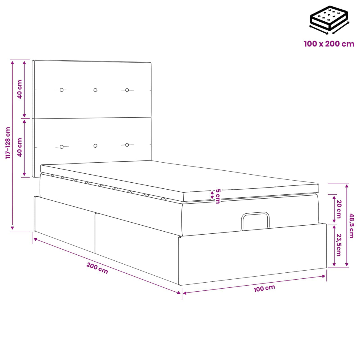 Κρεβάτι Ottoman με στρώμα με κεφαλάρι Μαύρο 100 x 200 cm Ύφασμα - Pakobazaar