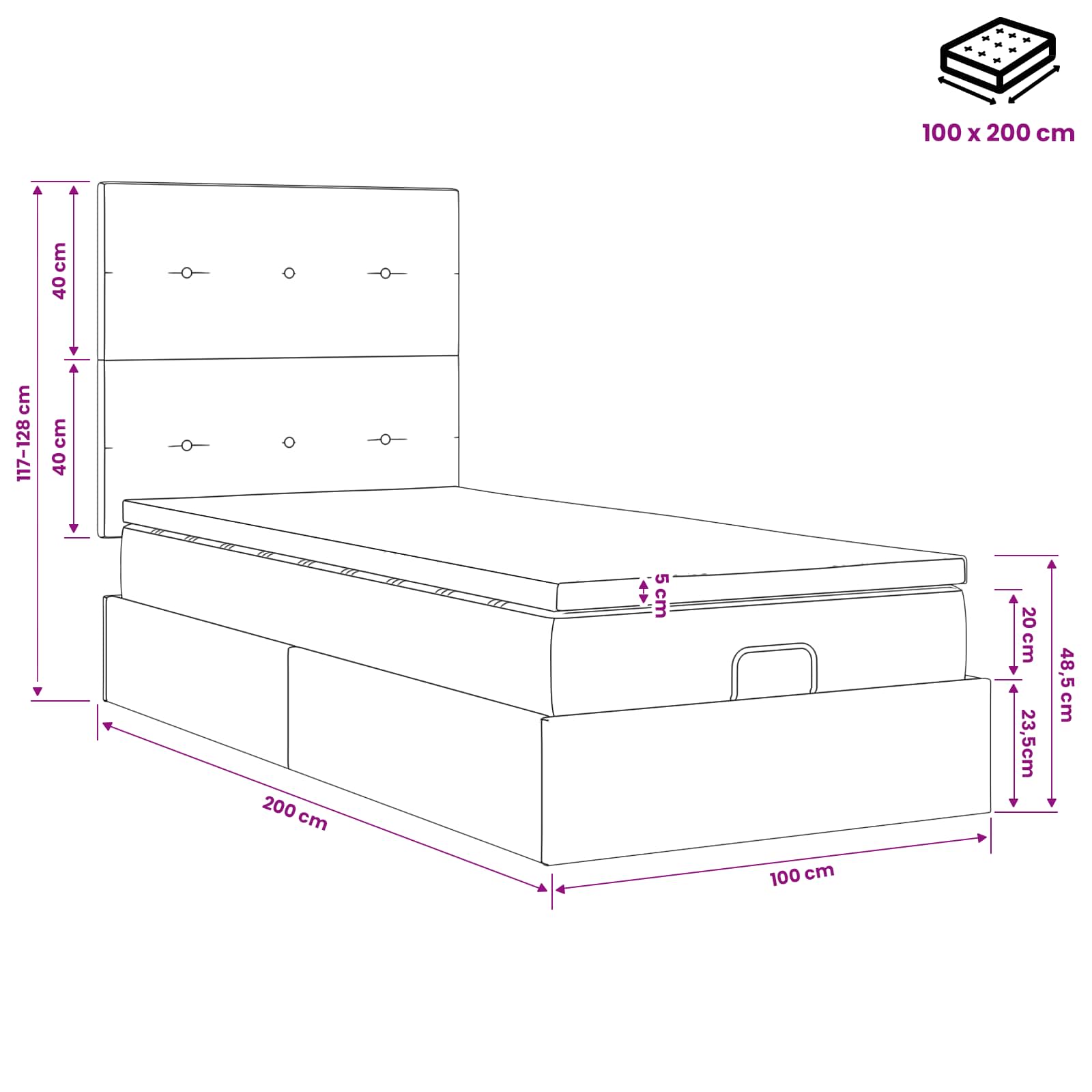 Κρεβάτι Ottoman με στρώμα Σκούρο Καφέ 100 x 200 cm Ύφασμα - Pakobazaar
