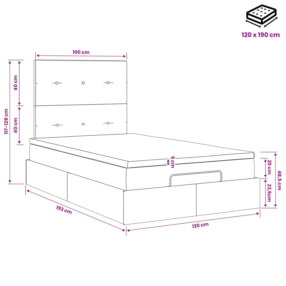 Κρεβάτι Ottoman με στρώμα Ανοιχτό γκρι 120 x 190 cm Ύφασμα - Pakobazaar