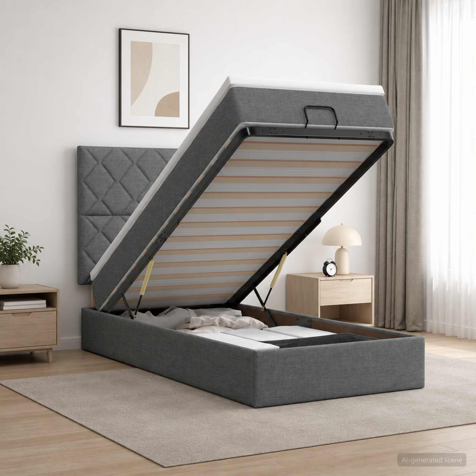 Κρεβάτι Ottoman με Στρώμα και LED Σκούρο Γκρι 100 x 200 cm
