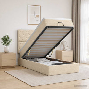 Κρεβάτι Ottoman με Στρώμα και LED Κρεμ 90 x 190 cm Ύφασμα