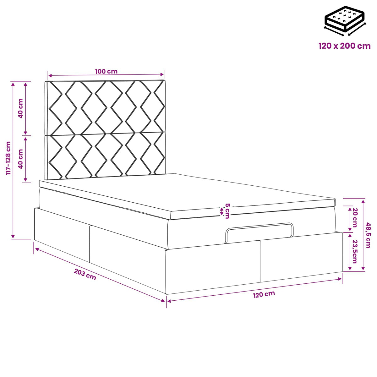 Κρεβάτι Ottoman με στρώμα Σκούρο Γκρι 120 x 200 cm Ύφασμα - Pakobazaar
