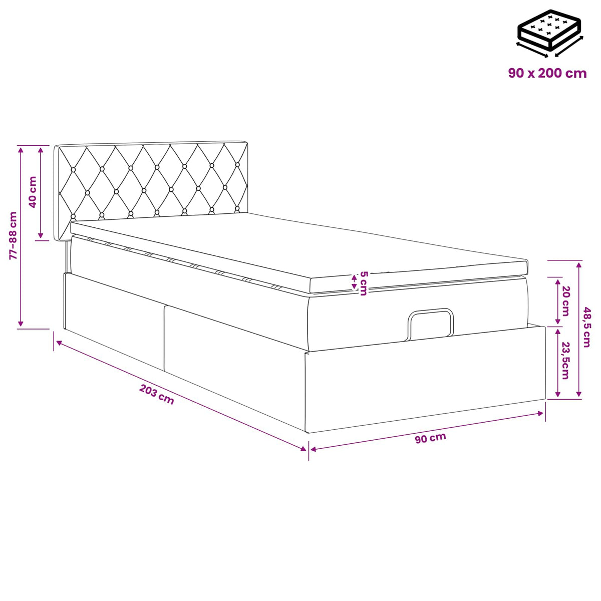 Κρεβάτι Ottoman με στρώμα Σκούρο Γκρι 90 x 200 cm Βελούδο - Pakobazaar