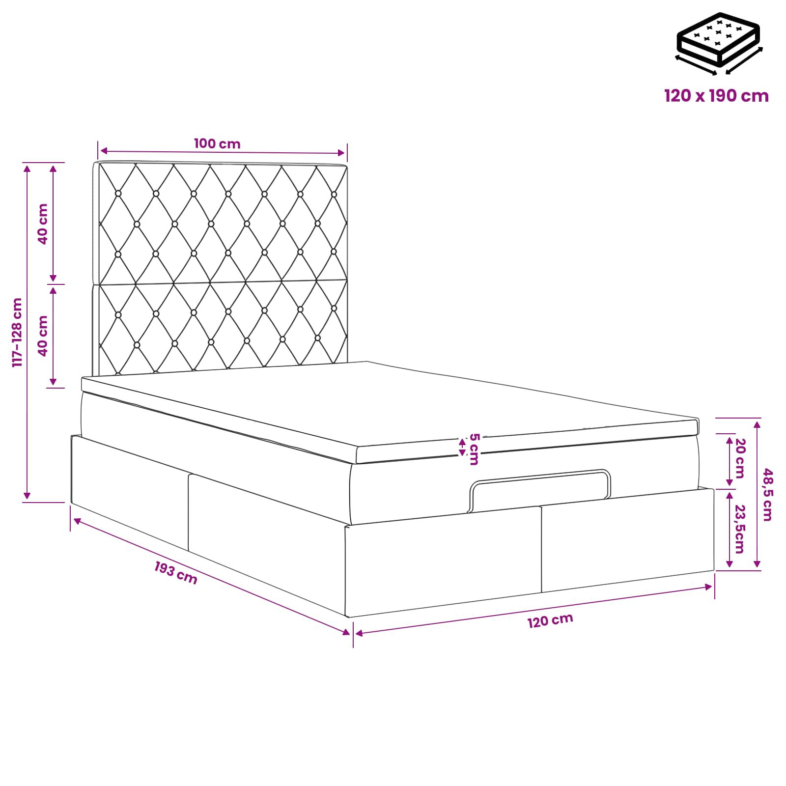 Κρεβάτι Ottoman με στρώμα Μαύρο 120 x 190 cm Βελούδο - Pakobazaar