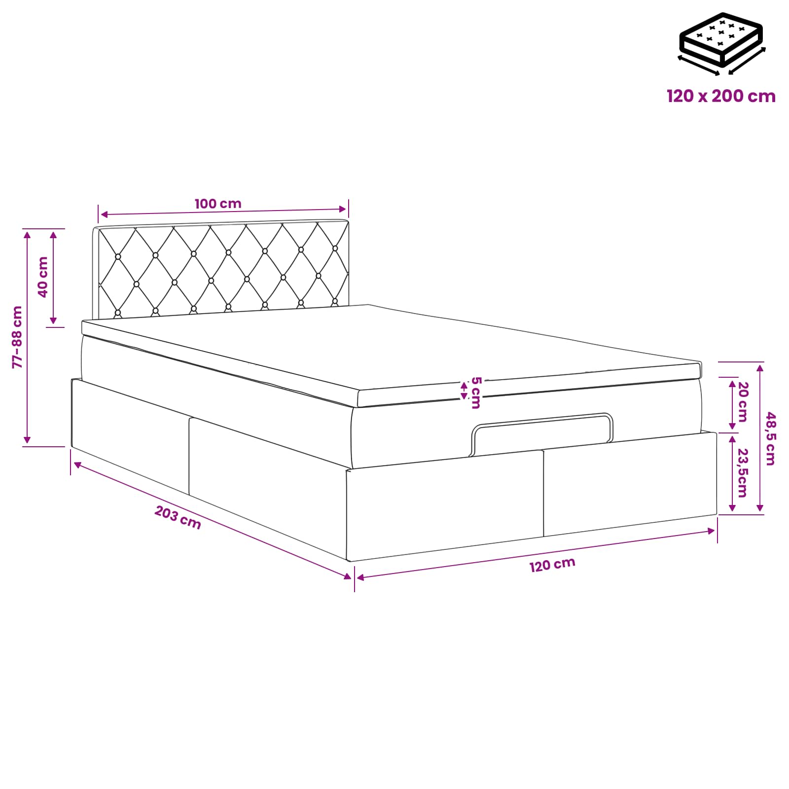 Κρεβάτι Ottoman με στρώμα Μαύρο 120 x 200 cm Βελούδο