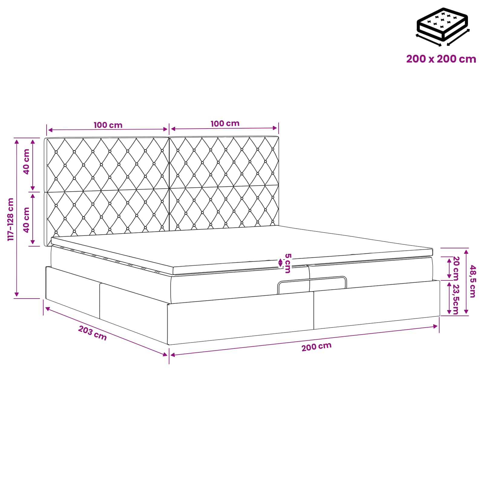 Κρεβάτι Ottoman με στρώμα Σκούρο Γκρι 200 x 200 cm Βελούδο - Pakobazaar