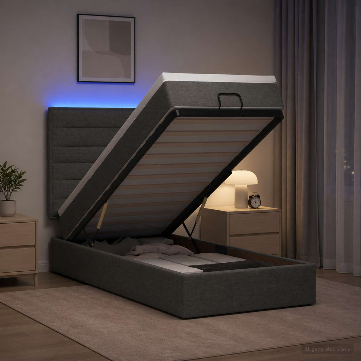 Κρεβάτι Ottoman με Στρώμα και LED Σκούρο Γκρι 90 x 200 cm - Pakobazaar