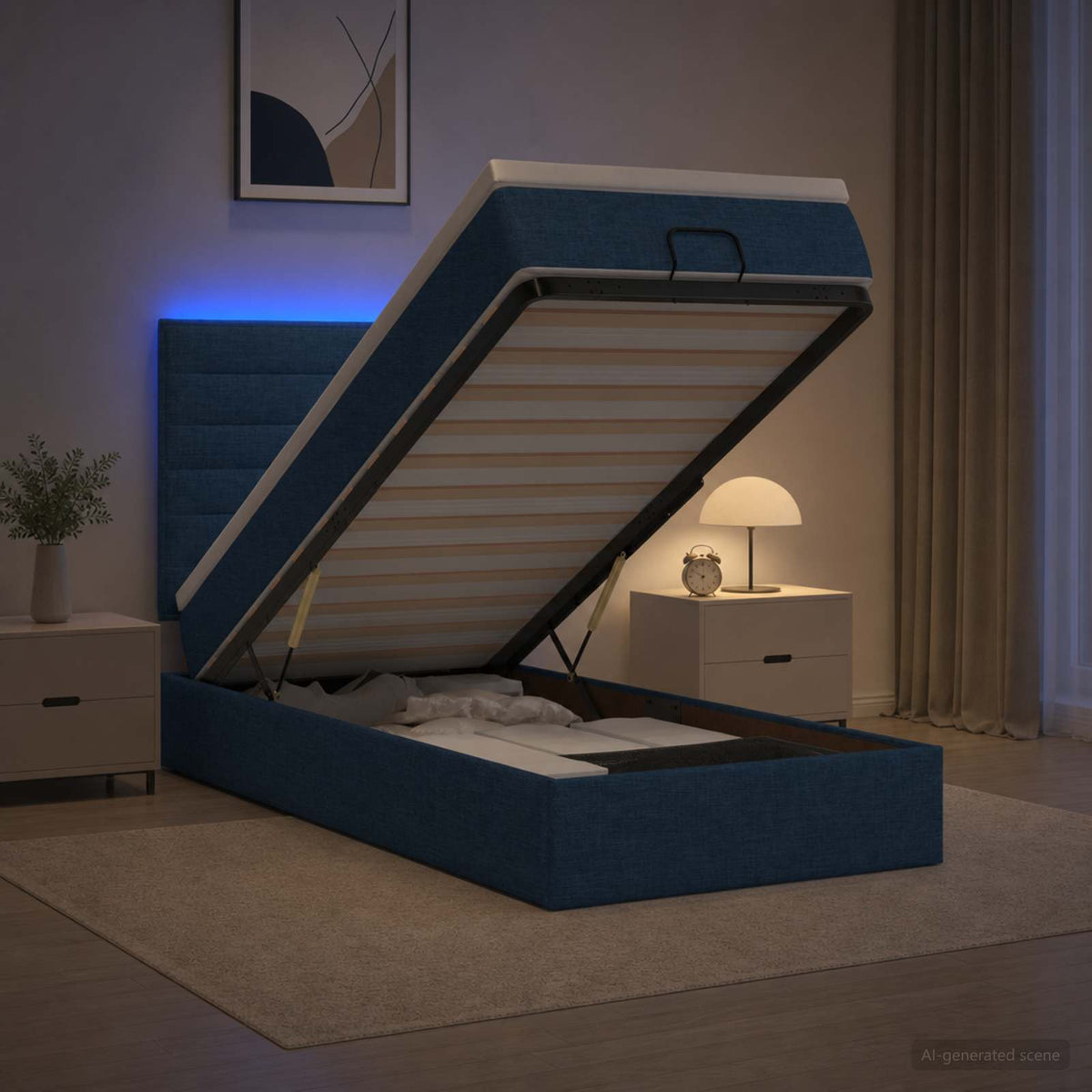 Κρεβάτι Ottoman με Στρώμα και LED Μπλε 100 x 200 cm Ύφασμα