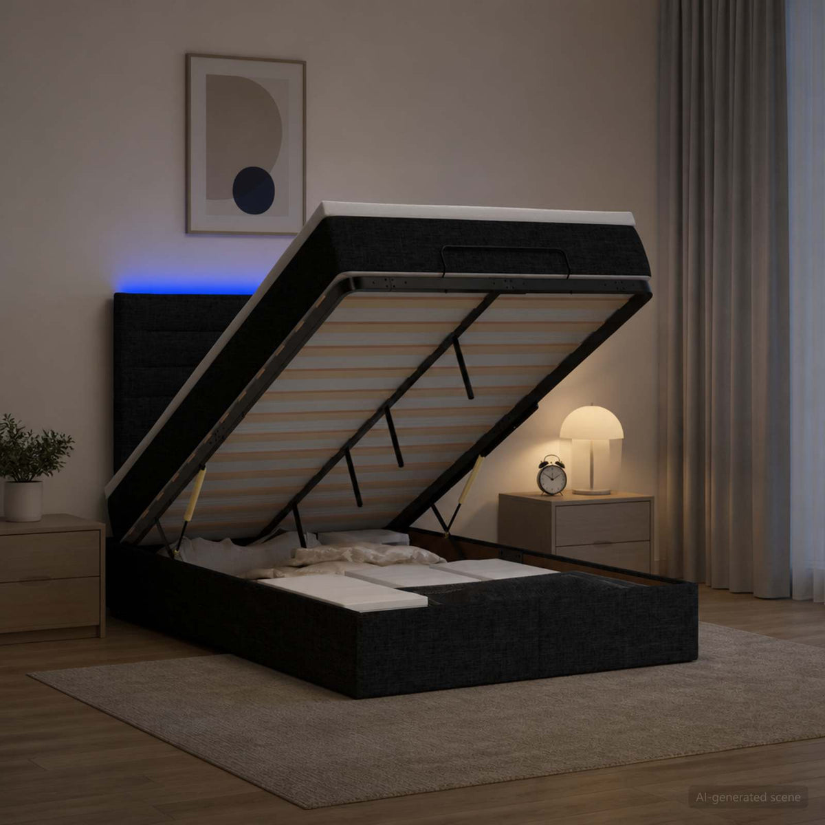 Κρεβάτι Ottoman με Στρώμα και LED Μαύρο 120 x 190 cm Ύφασμα