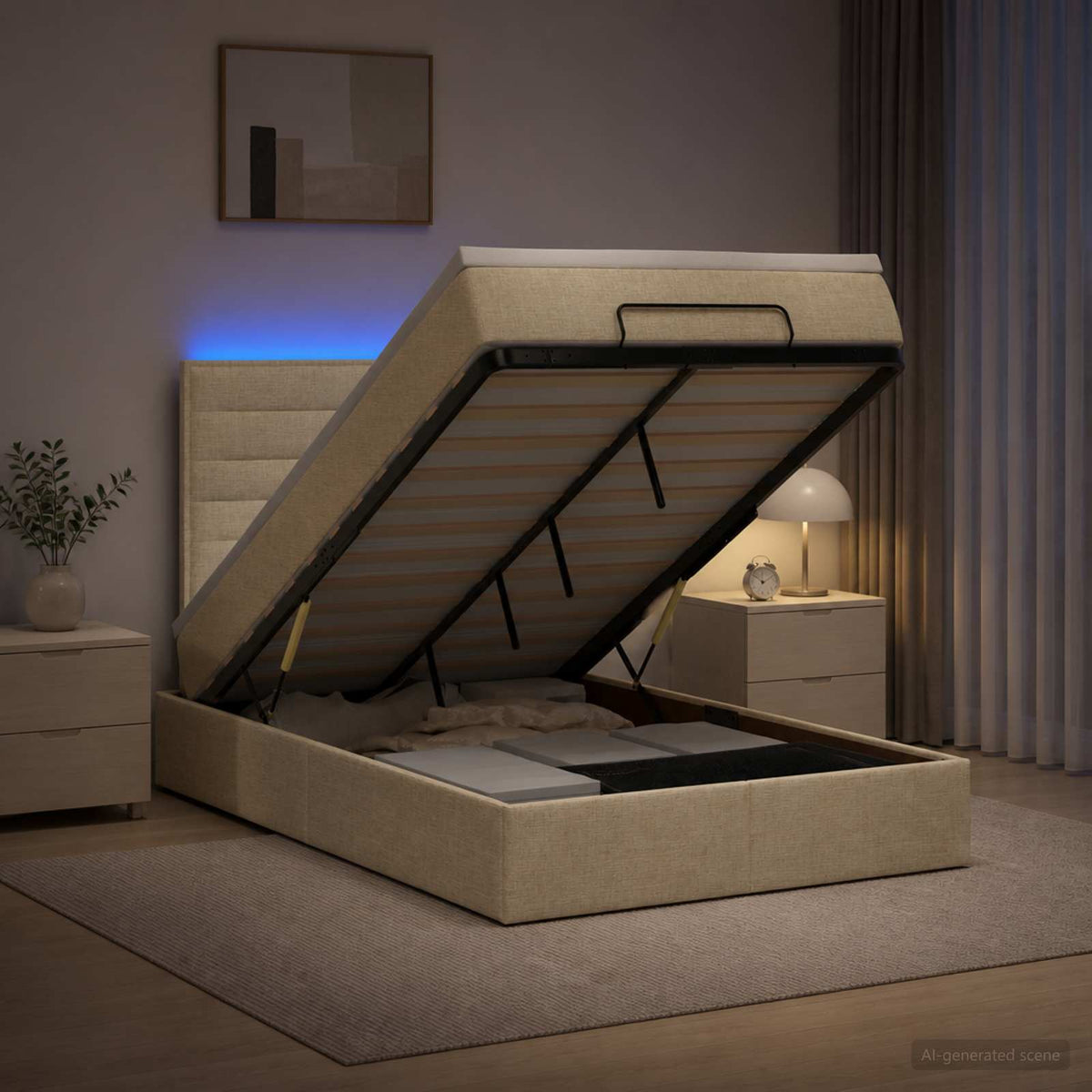 Κρεβάτι Ottoman με Στρώμα και LED Κρεμ 120 x 200 cm Ύφασμα - Pakobazaar