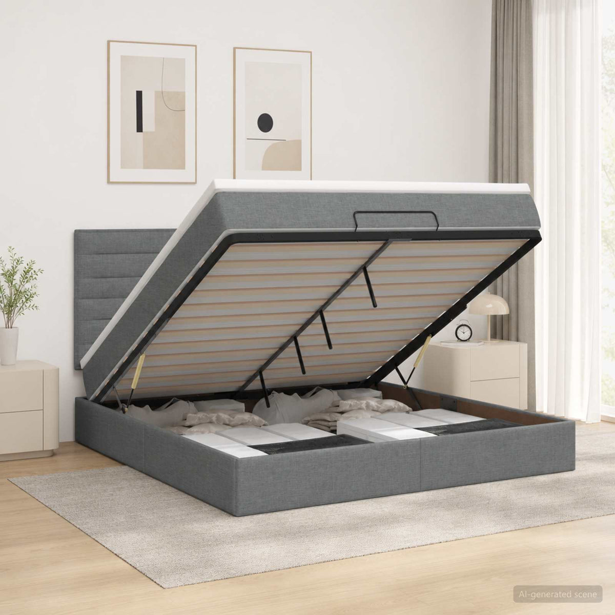 Κρεβάτι Ottoman με Στρώμα και LED Σκούρο Γκρι 180 x 200 cm