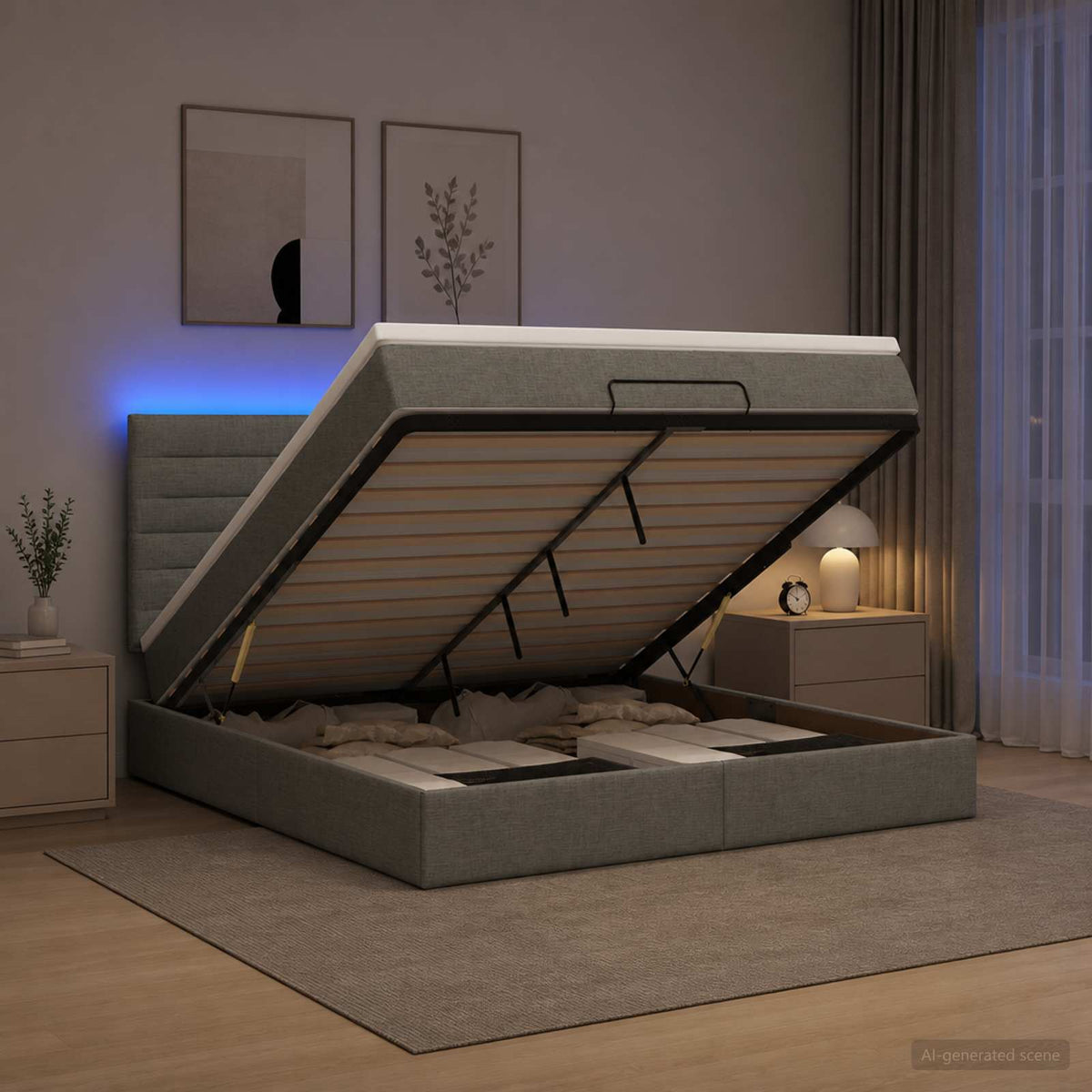 Κρεβάτι Ottoman με Στρώμα και LED Σκούρο Γκρι 180 x 200 cm
