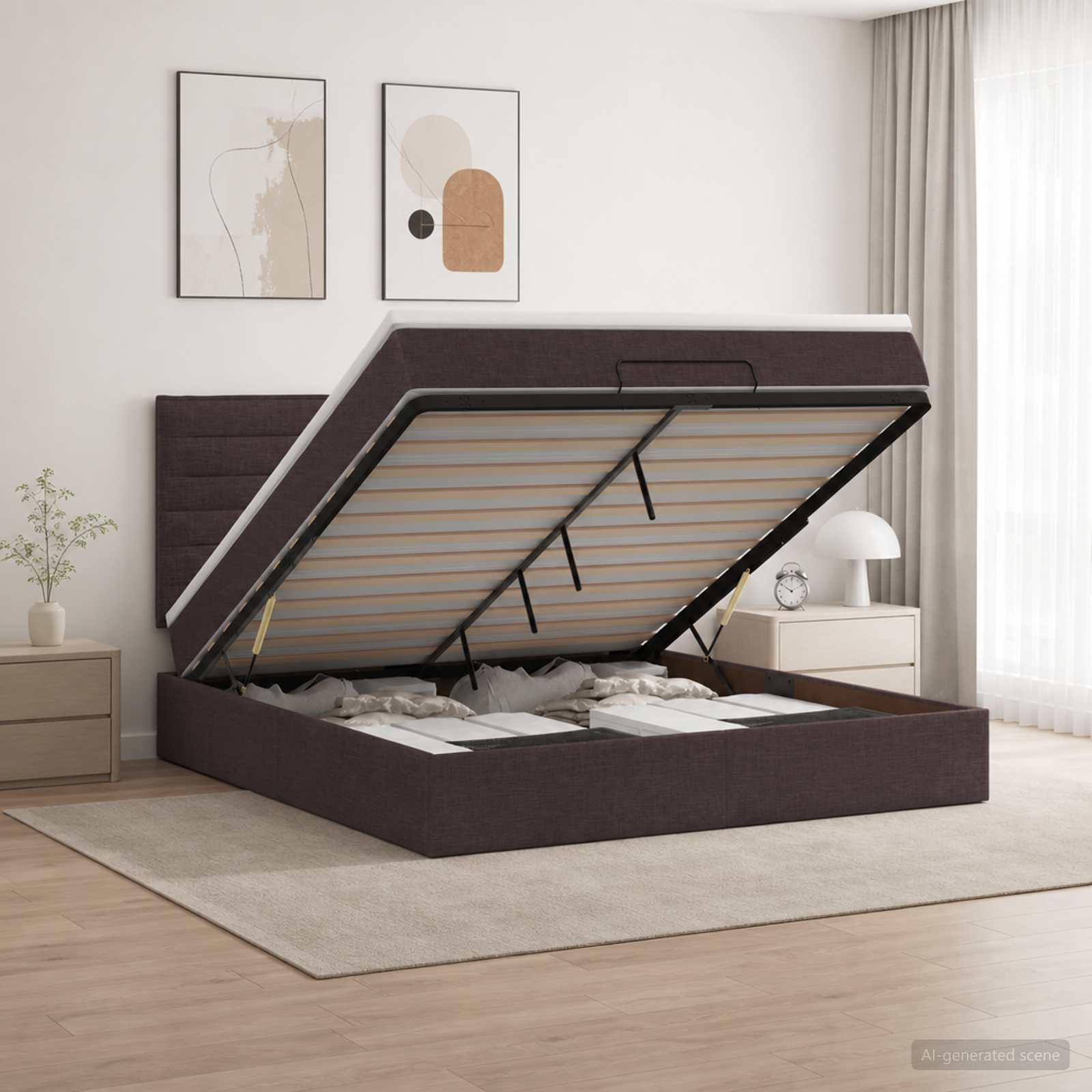 Κρεβάτι Ottoman με Στρώμα και LED Σκούρο Καφέ 140 x 200 cm