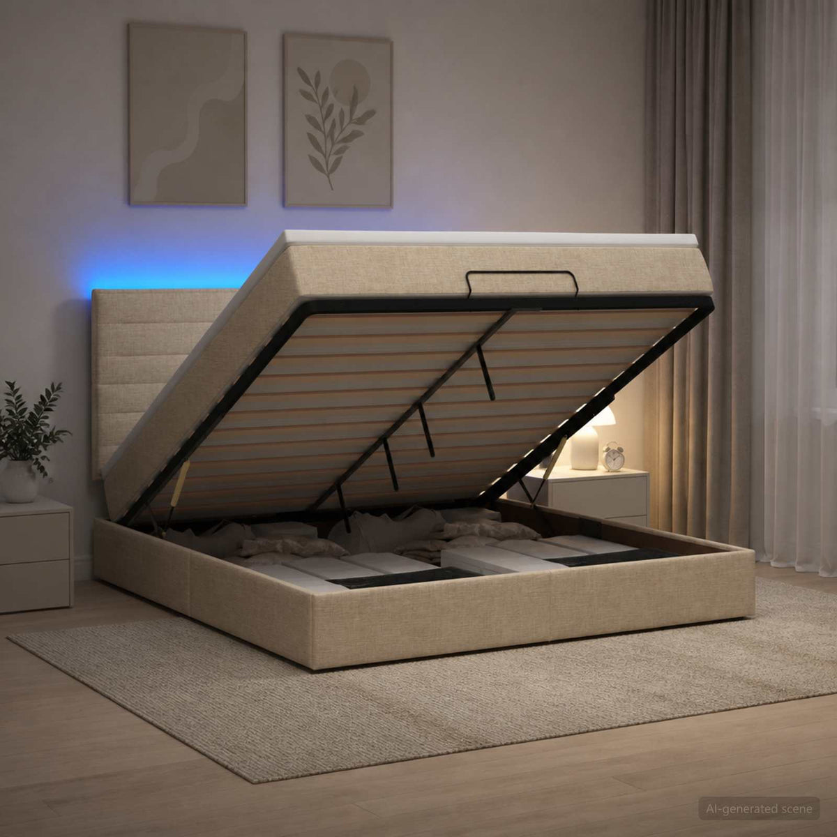 Κρεβάτι Ottoman με Στρώμα και LED Κρεμ 160 x 200 cm Ύφασμα