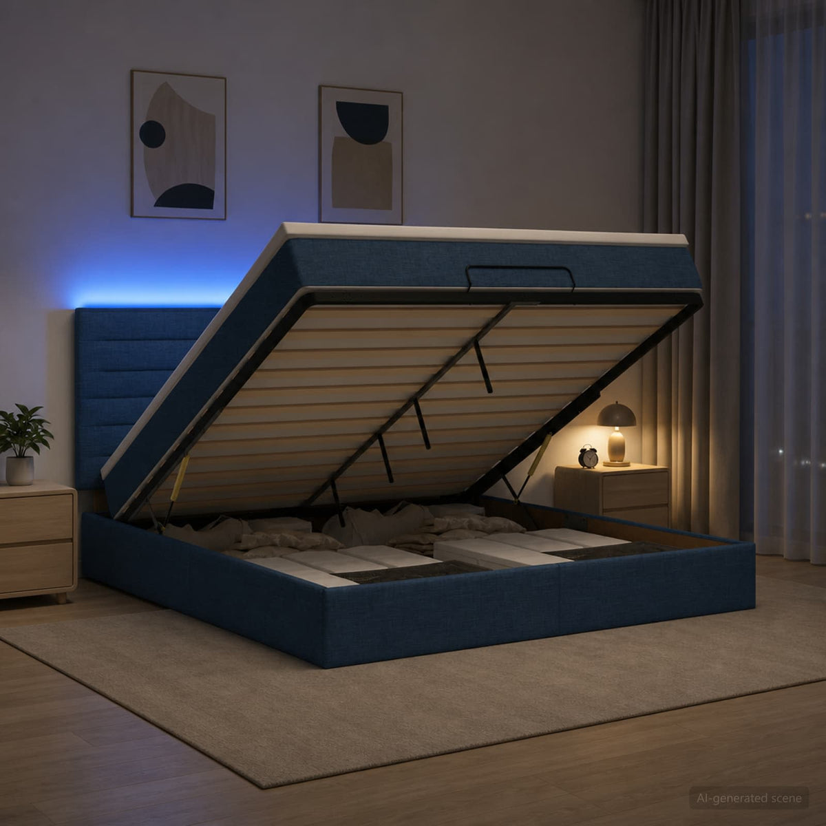 Κρεβάτι Ottoman με Στρώμα και LED Μπλε 140 x 200 cm Ύφασμα - Pakobazaar