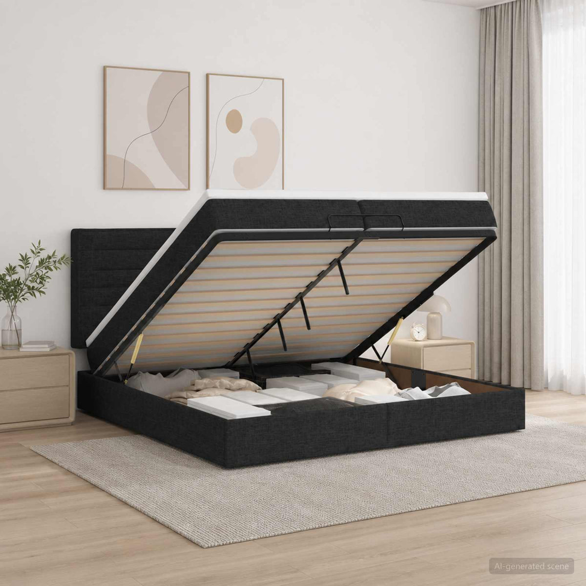 Κρεβάτι Ottoman με Στρώμα και LED Μαύρο 200 x 200 cm Ύφασμα