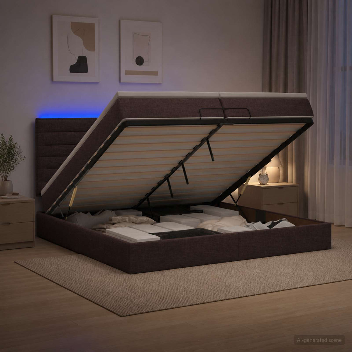 Κρεβάτι Ottoman με Στρώμα και LED Σκούρο Καφέ 200 x 200 cm - Pakobazaar