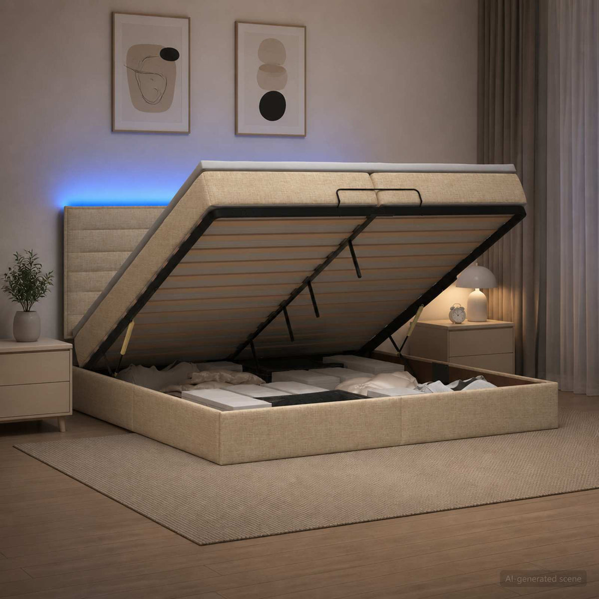 Κρεβάτι Ottoman με Στρώμα και LED Κρεμ 200 x 200 cm Ύφασμα