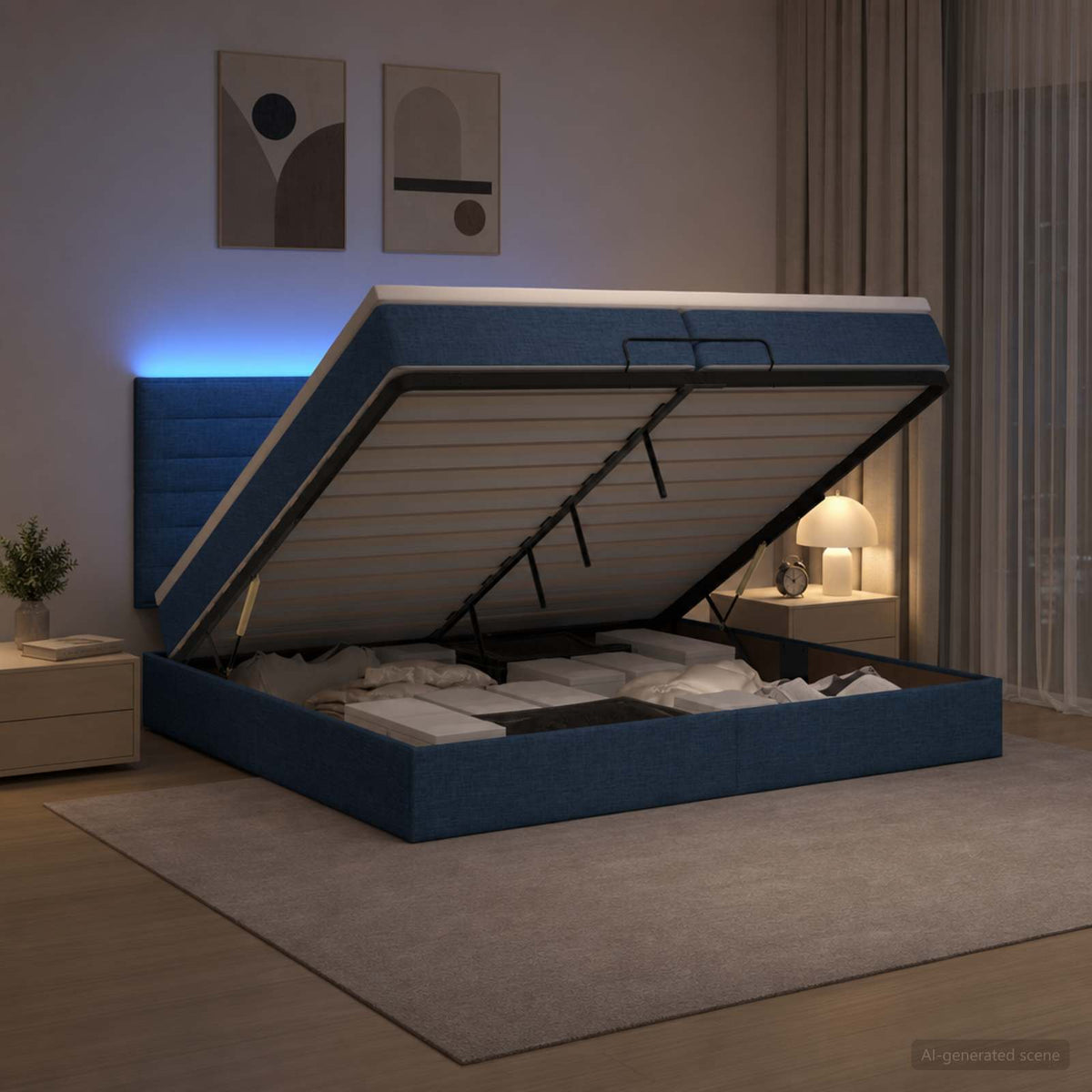 Κρεβάτι Ottoman με Στρώμα και LED Μπλε 200 x 200 cm Ύφασμα