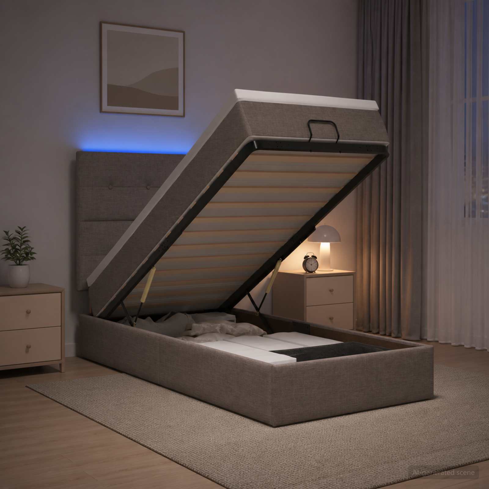 Κρεβάτι Ottoman με Στρώμα και LED Taupe 100 x 200 cm Ύφασμα