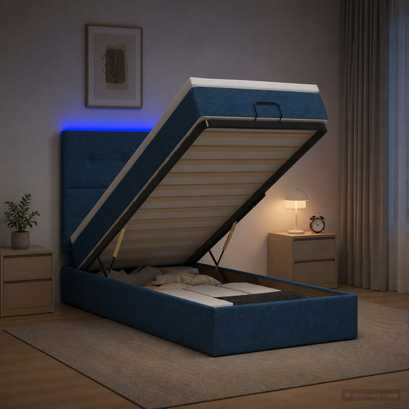 Κρεβάτι Ottoman με Στρώμα και LED Μπλε 90 x 190 cm Ύφασμα
