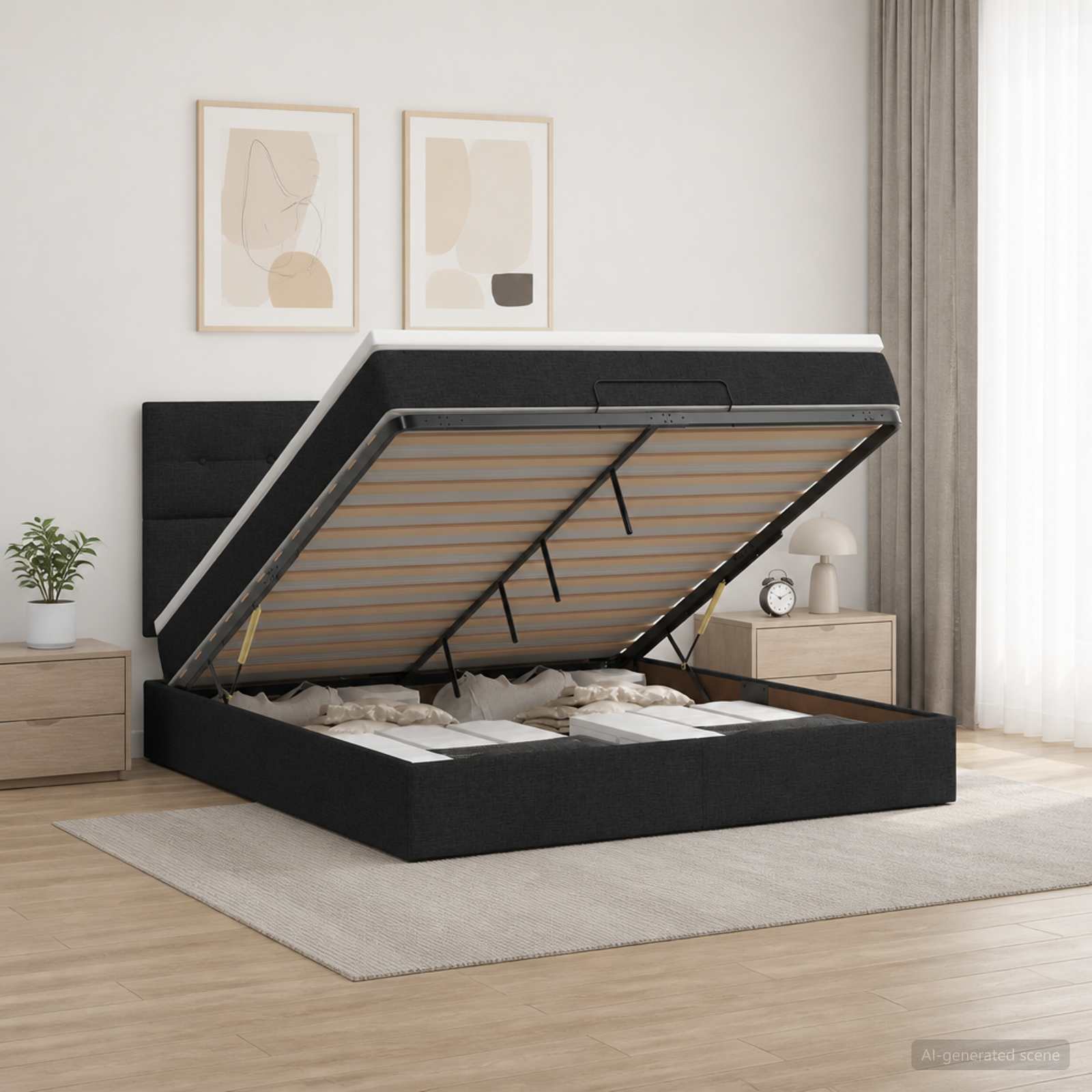 Κρεβάτι Ottoman με Στρώμα και LED Μαύρο 140 x 190 cm Ύφασμα - Pakobazaar