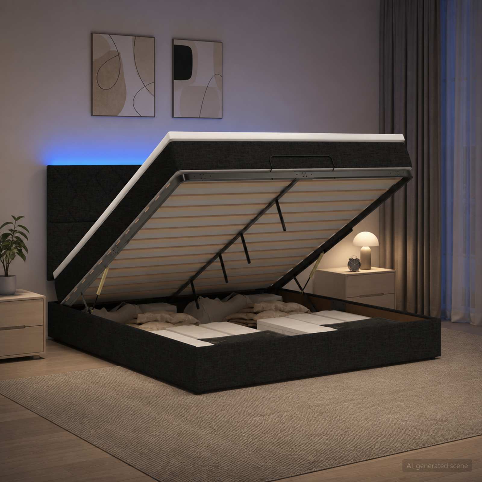 Κρεβάτι Ottoman με Στρώμα και LED Μαύρο 140 x 190 cm Ύφασμα - Pakobazaar