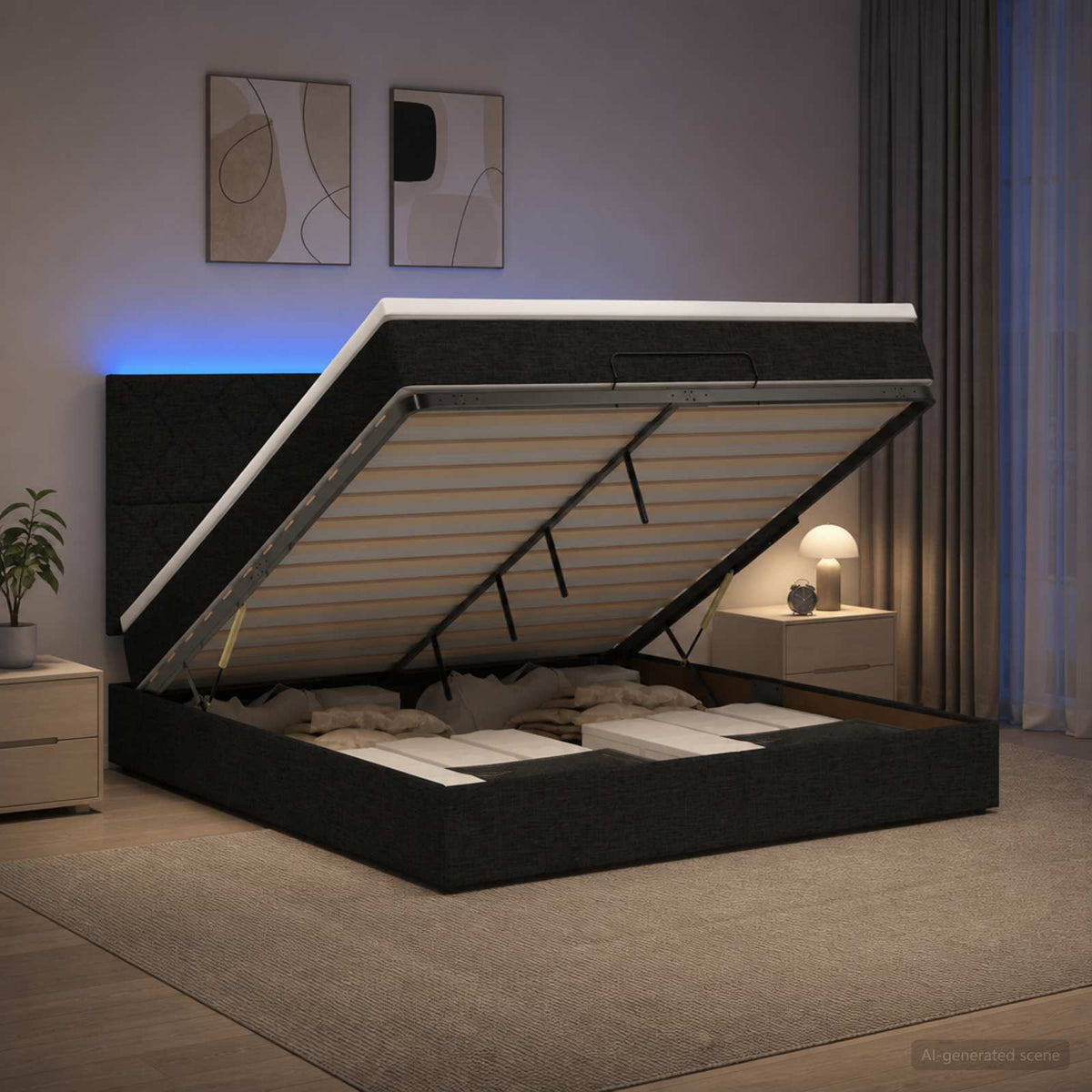 Κρεβάτι Ottoman με Στρώμα και LED Μαύρο 140 x 200 cm Ύφασμα - Pakobazaar