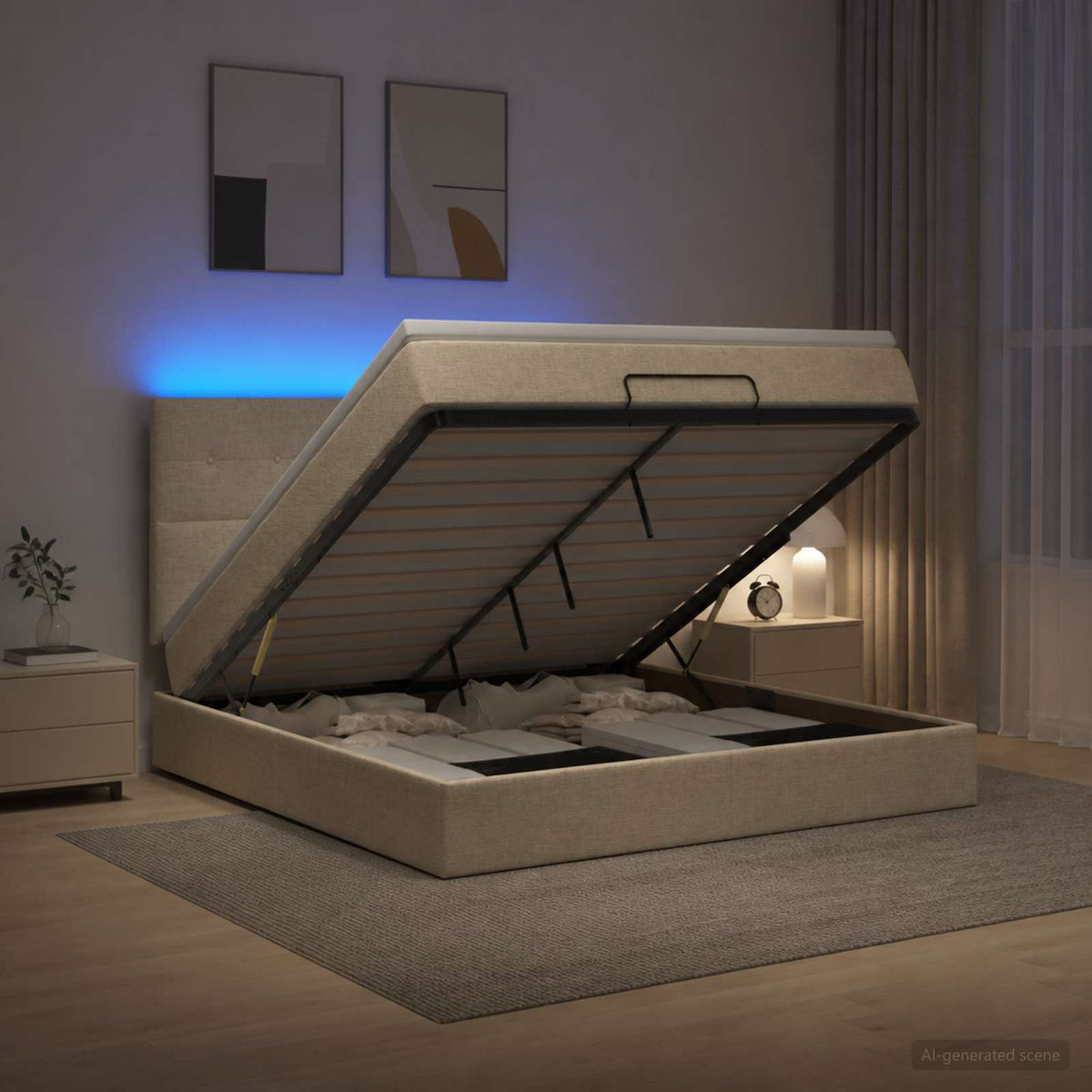 Κρεβάτι Ottoman με Στρώμα και LED Κρεμ 160 x 200 cm Ύφασμα - Pakobazaar