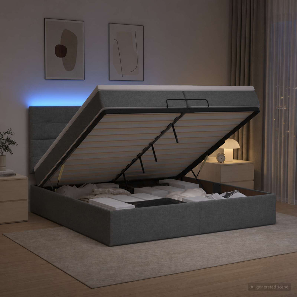 Κρεβάτι Ottoman με Στρώμα και LED Σκούρο Γκρι 200 x 200 cm - Pakobazaar