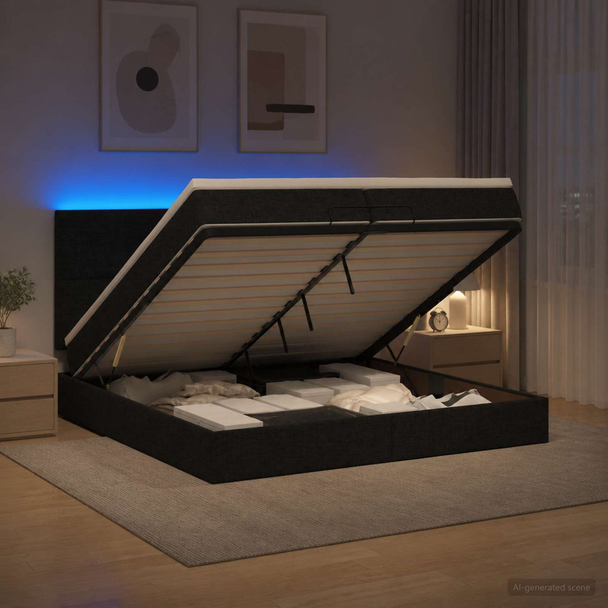 Κρεβάτι Ottoman με Στρώμα και LED Μαύρο 200 x 200 cm Ύφασμα - Pakobazaar