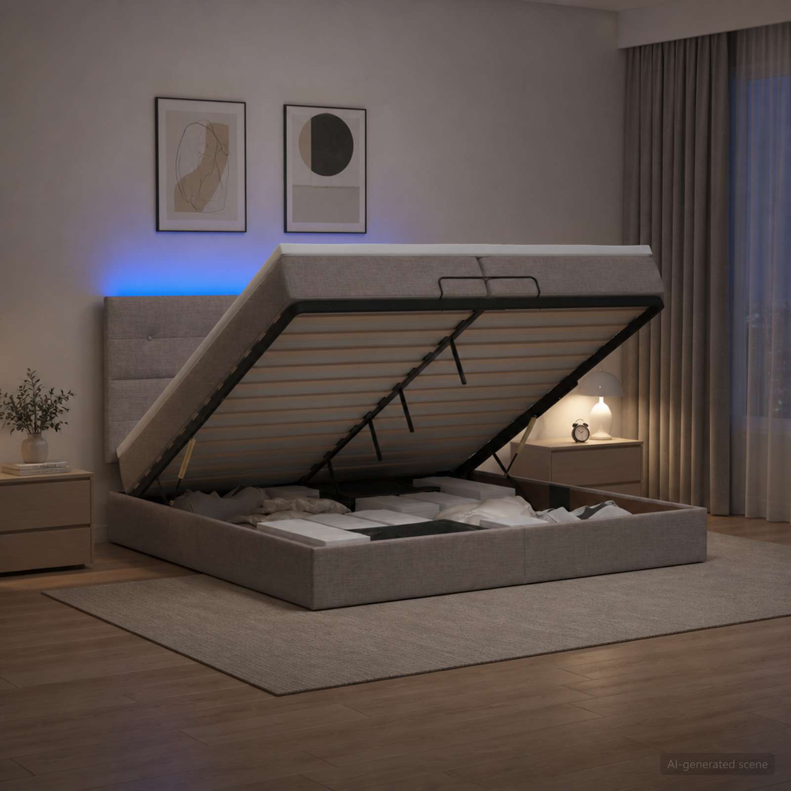 Κρεβάτι Ottoman με Στρώμα και LED Taupe 200 x 200 cm Ύφασμα - Pakobazaar