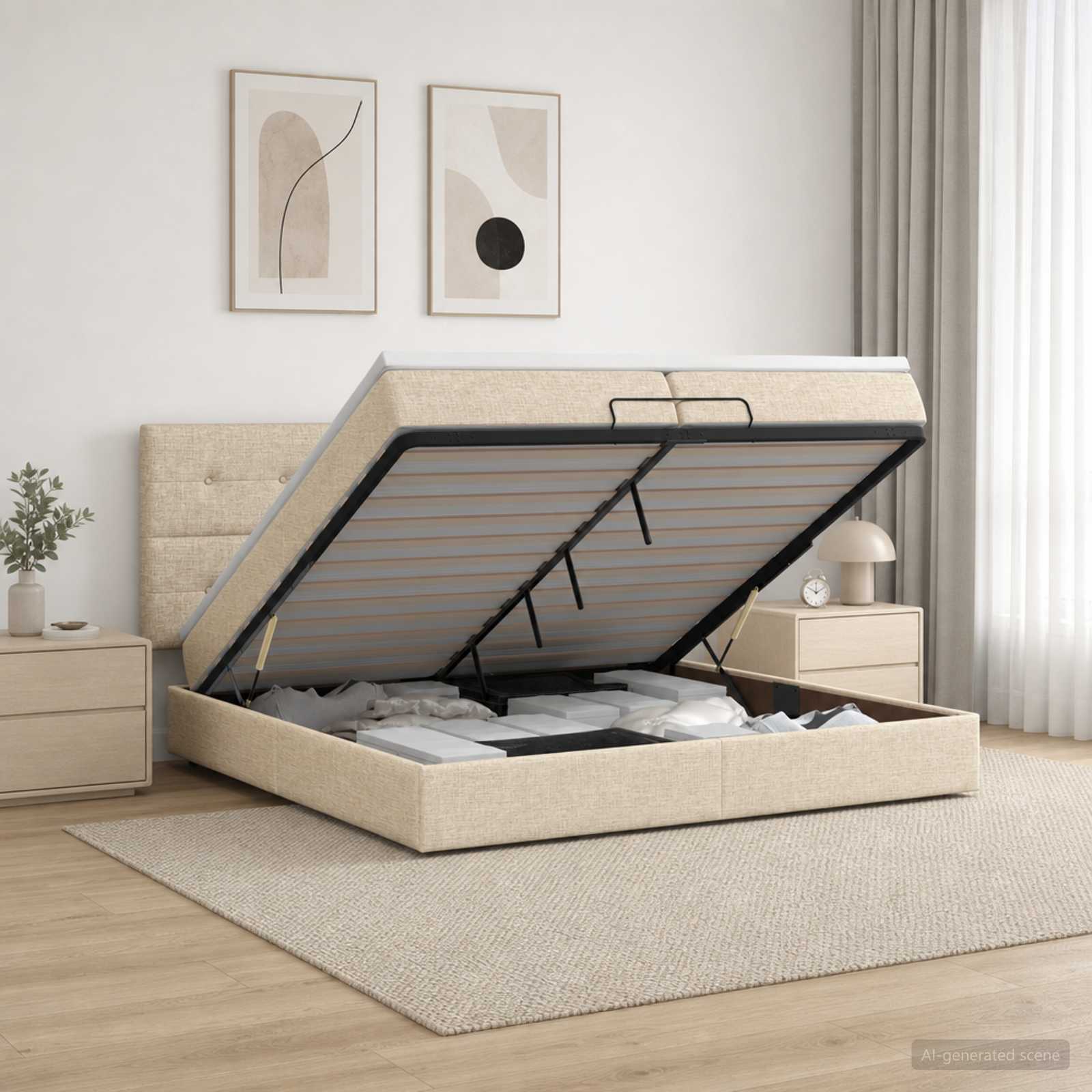 Κρεβάτι Ottoman με Στρώμα και LED Κρεμ 200 x 200 cm Ύφασμα - Pakobazaar