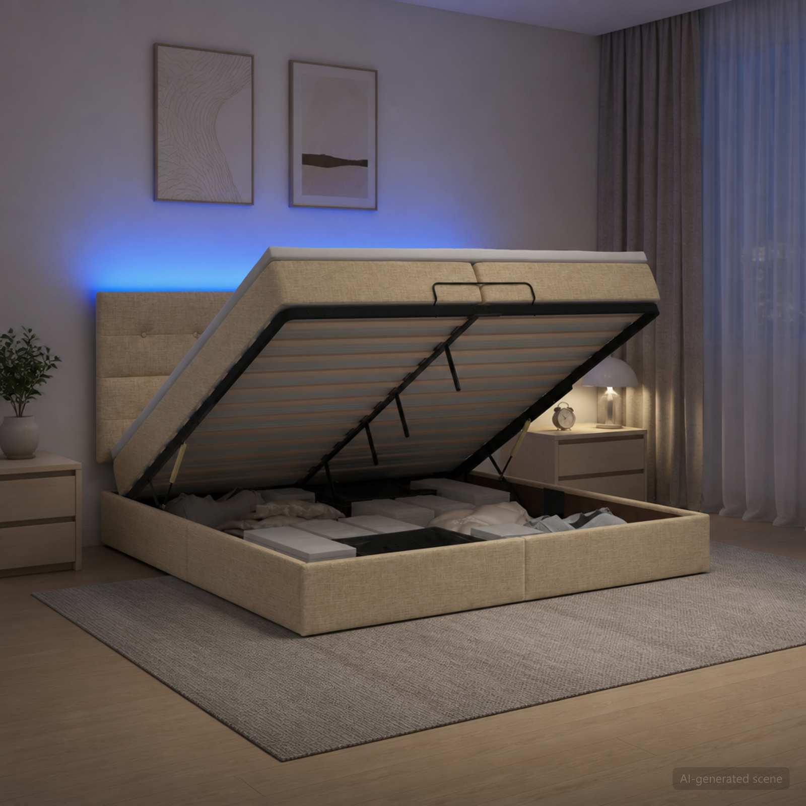Κρεβάτι Ottoman με Στρώμα και LED Κρεμ 200 x 200 cm Ύφασμα - Pakobazaar