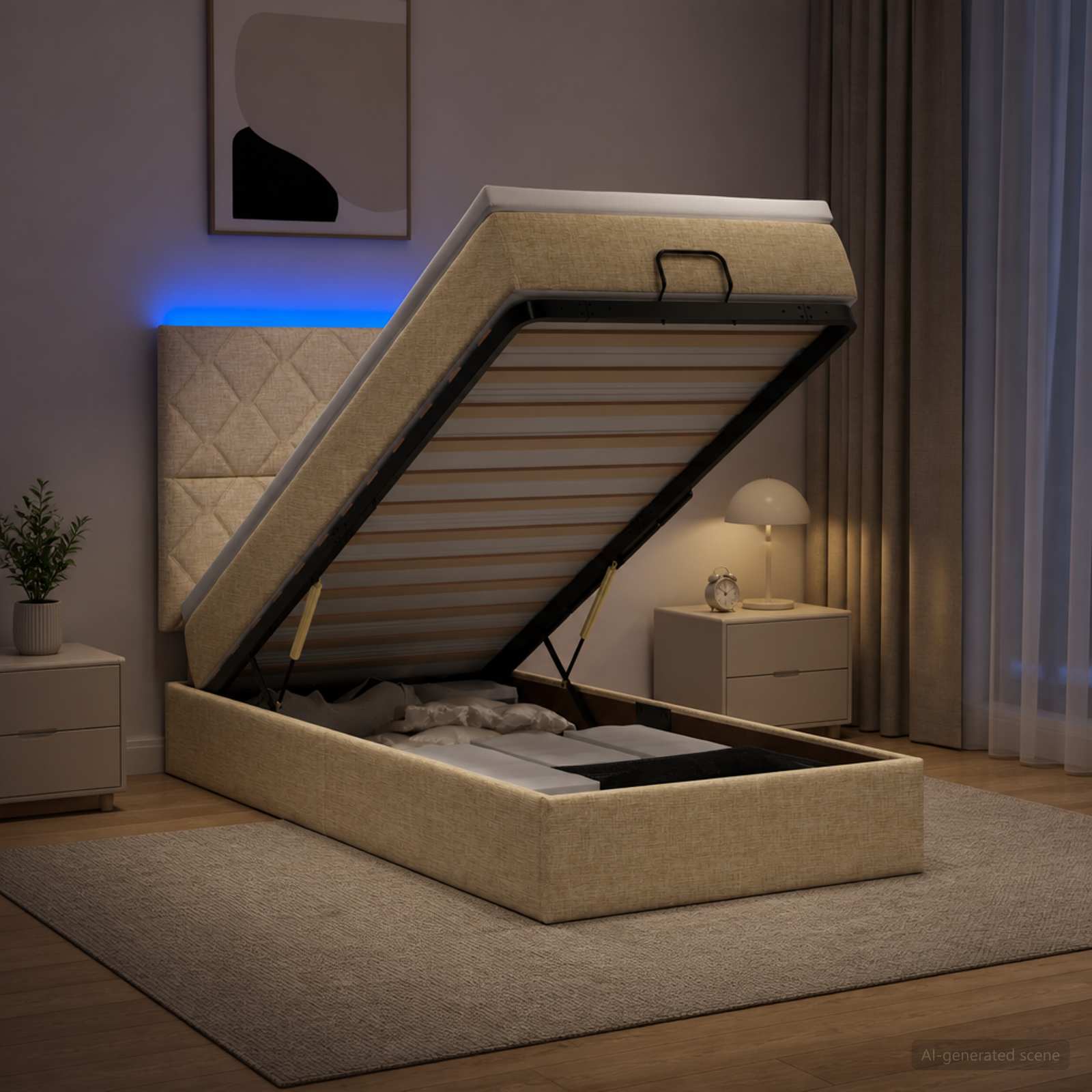 Κρεβάτι Ottoman με Στρώμα και LED Κρεμ 90 x 190 cm Ύφασμα