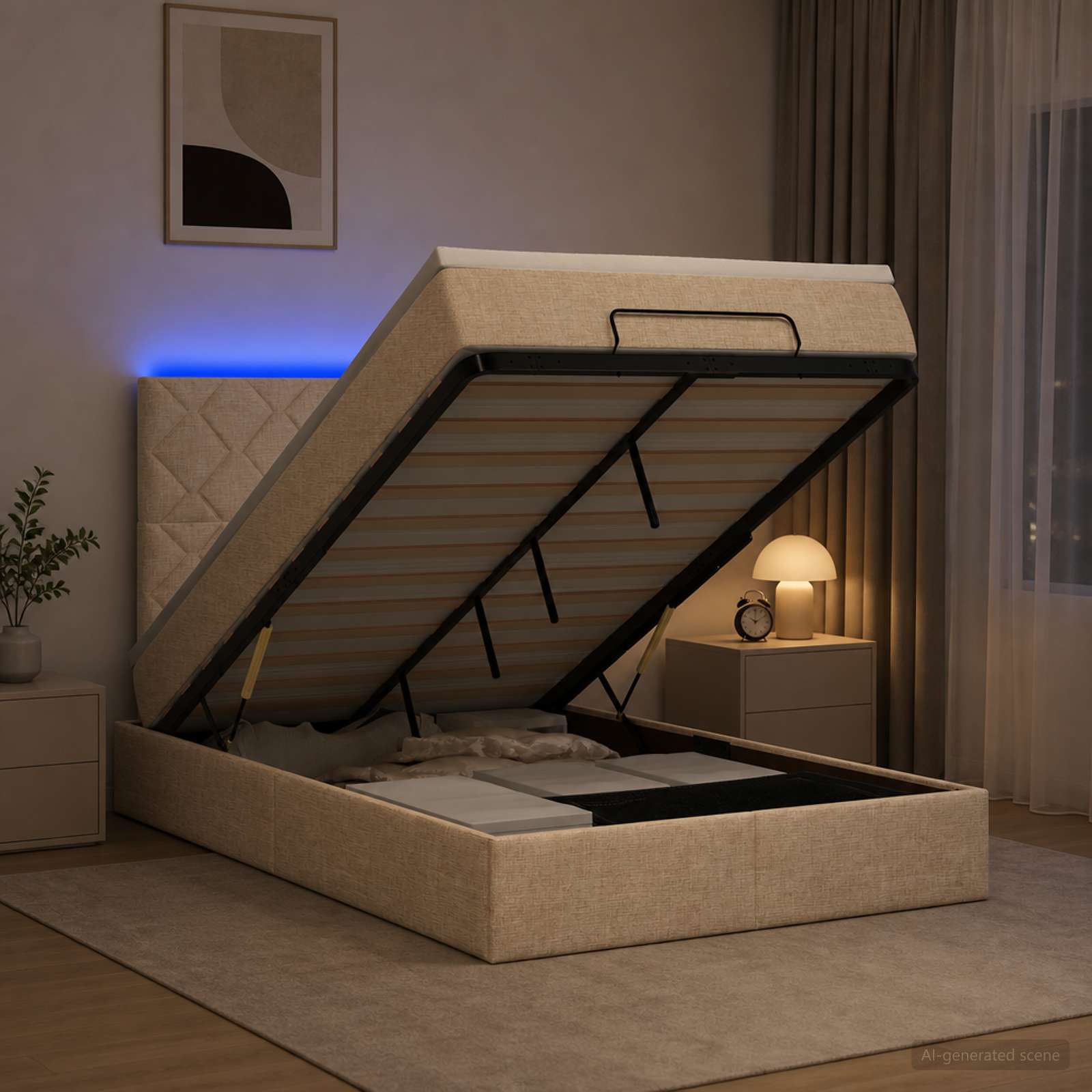 Κρεβάτι Ottoman με Στρώμα και LED Κρεμ 120 x 190 cm Ύφασμα