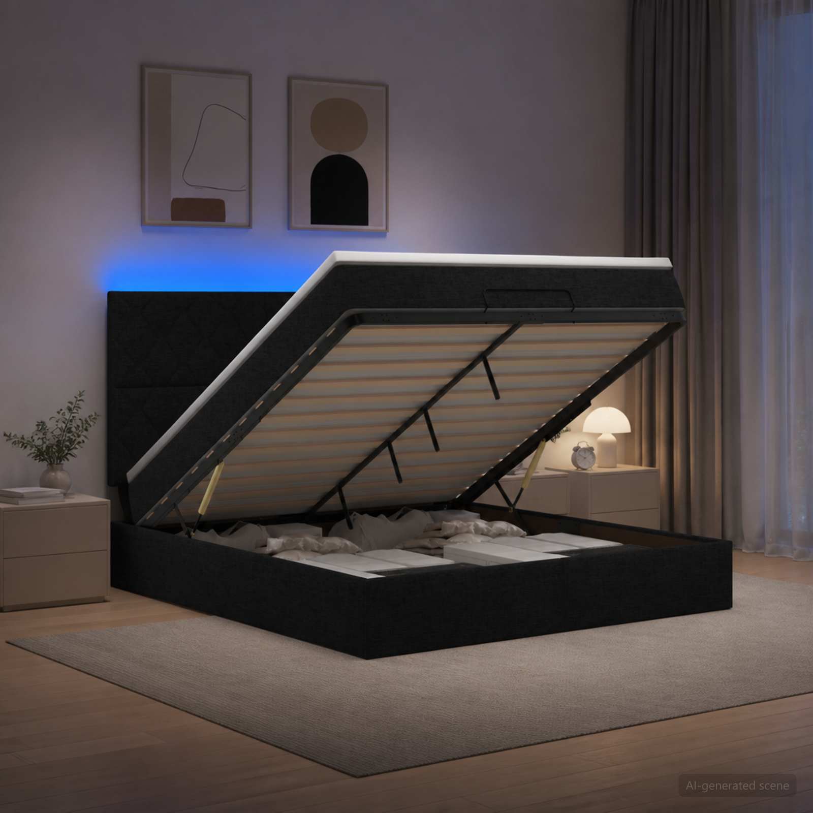 Κρεβάτι Ottoman με Στρώμα και LED Μαύρο 140 x 200 cm Ύφασμα - Pakobazaar