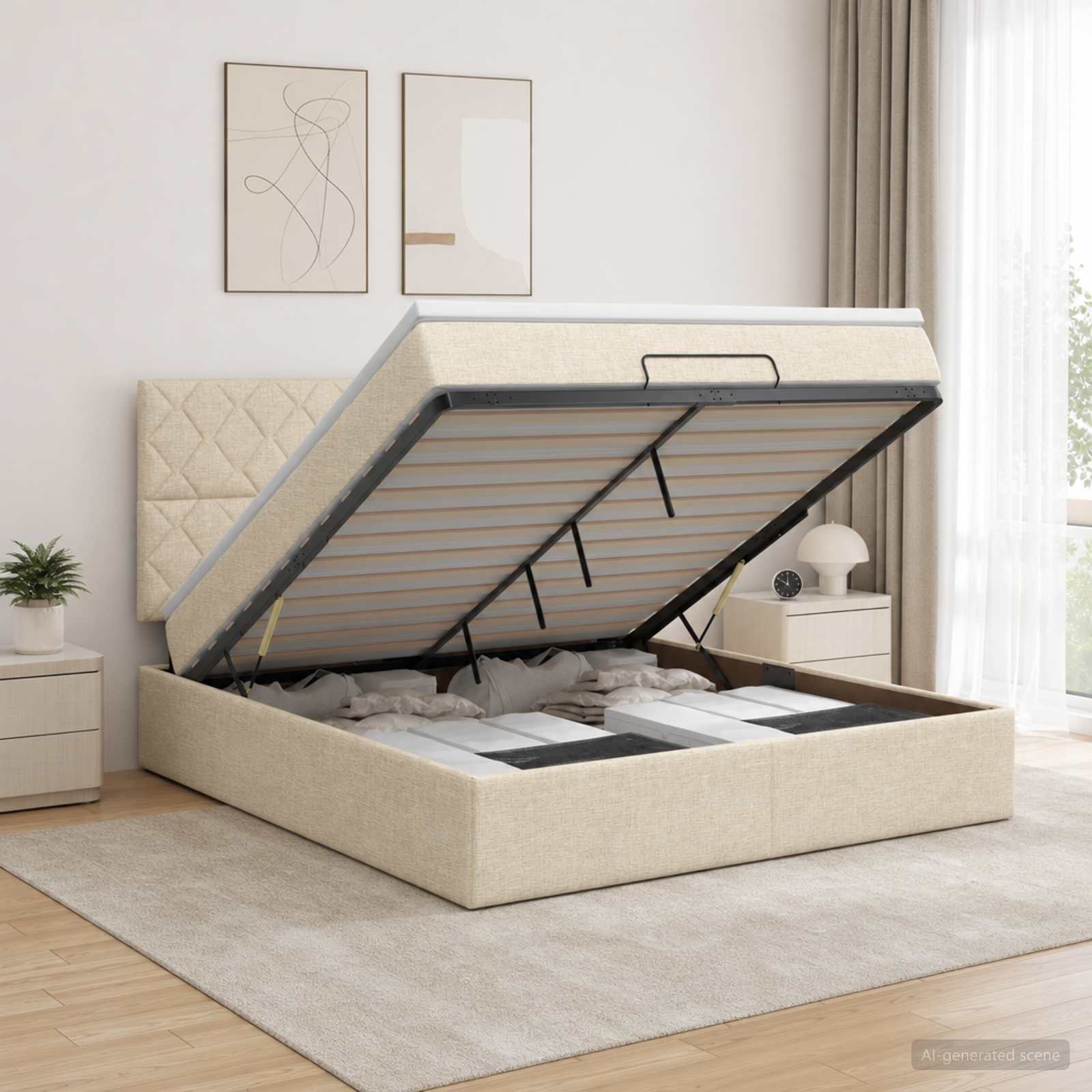 Κρεβάτι Ottoman με Στρώμα και LED Κρεμ 160 x 200 cm Ύφασμα - Pakobazaar