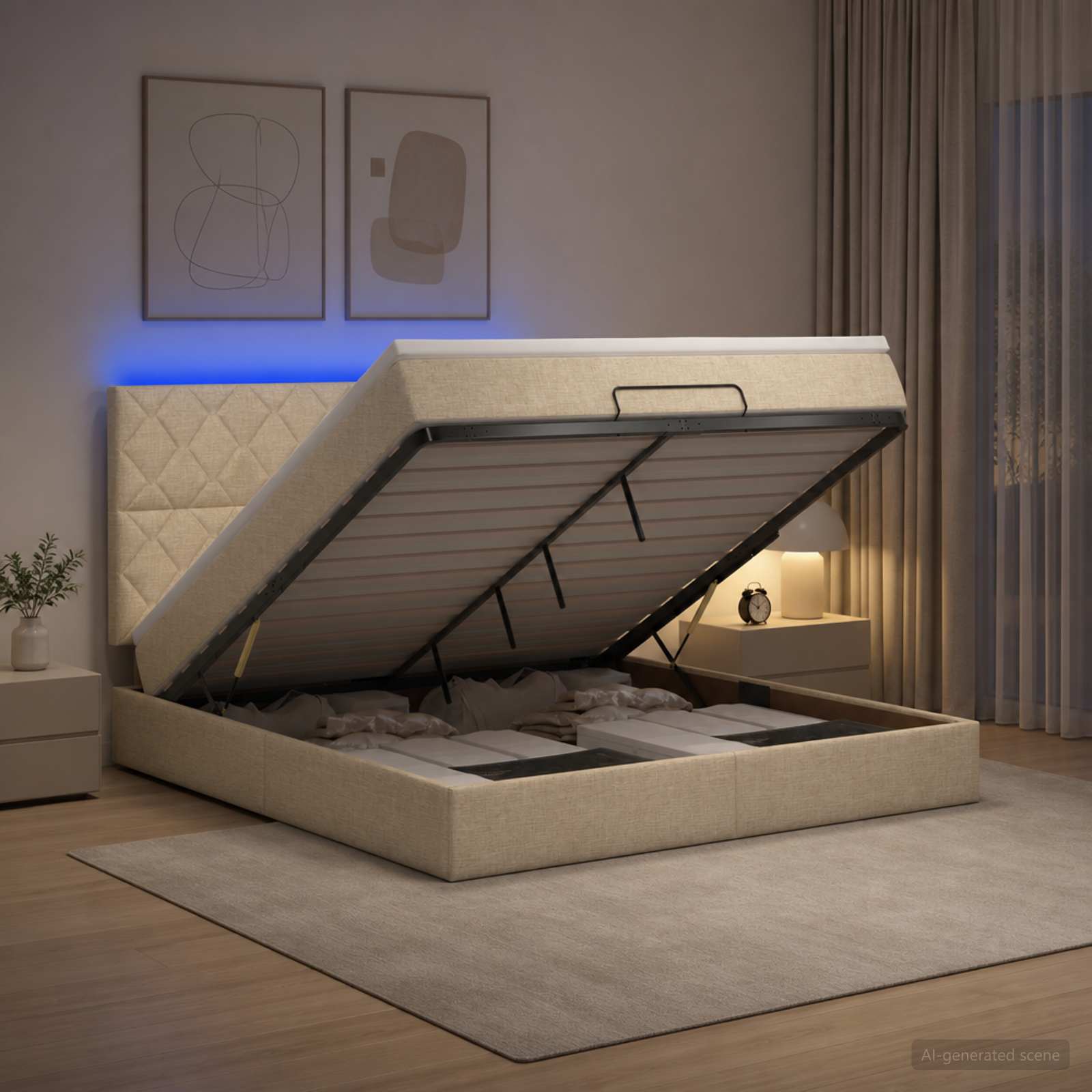 Κρεβάτι Ottoman με Στρώμα και LED Κρεμ 160 x 200 cm Ύφασμα - Pakobazaar