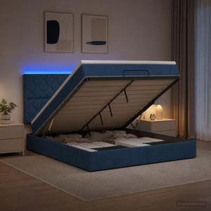 Κρεβάτι Ottoman με Στρώμα και LED Μπλε 180 x 200 cm Ύφασμα