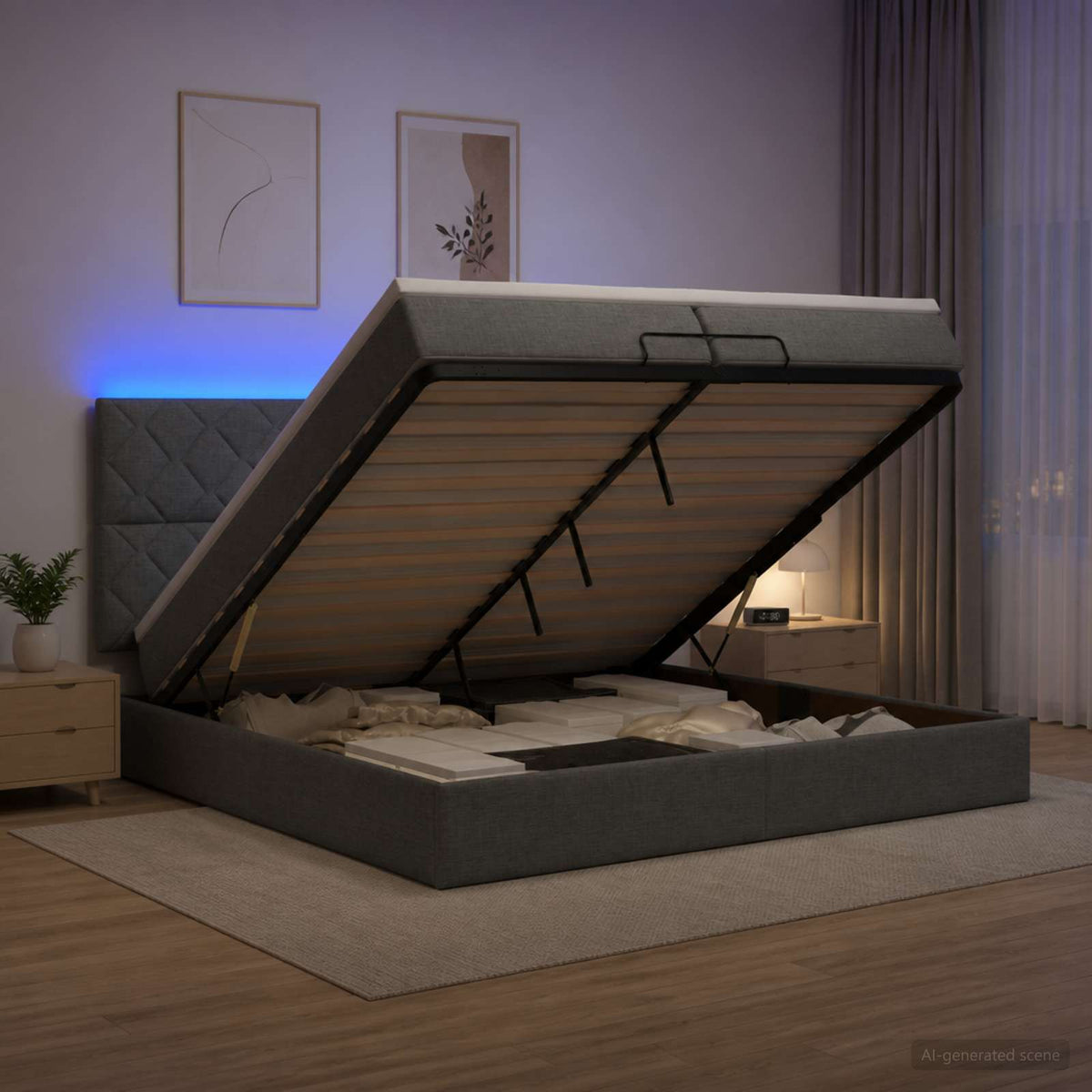 Κρεβάτι Ottoman με Στρώμα και LED Σκούρο Γκρι 200 x 200 cm - Pakobazaar